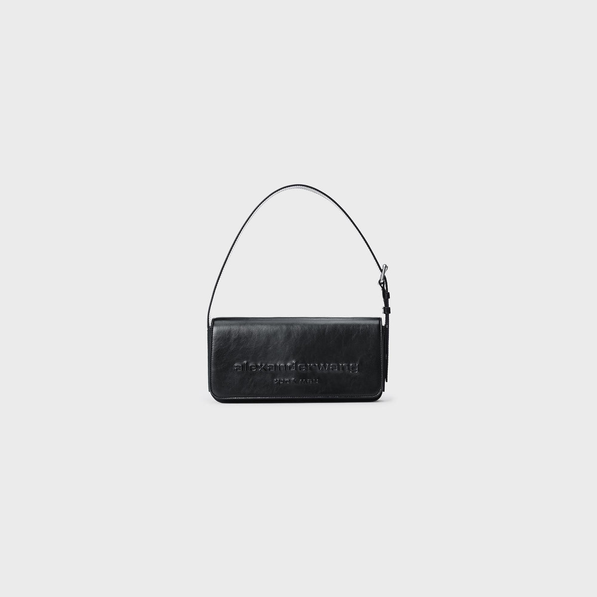 Alexander Wang Punch Flap Shoulder Bag in Black, black leather bag with adjustable crossbody strap, front view