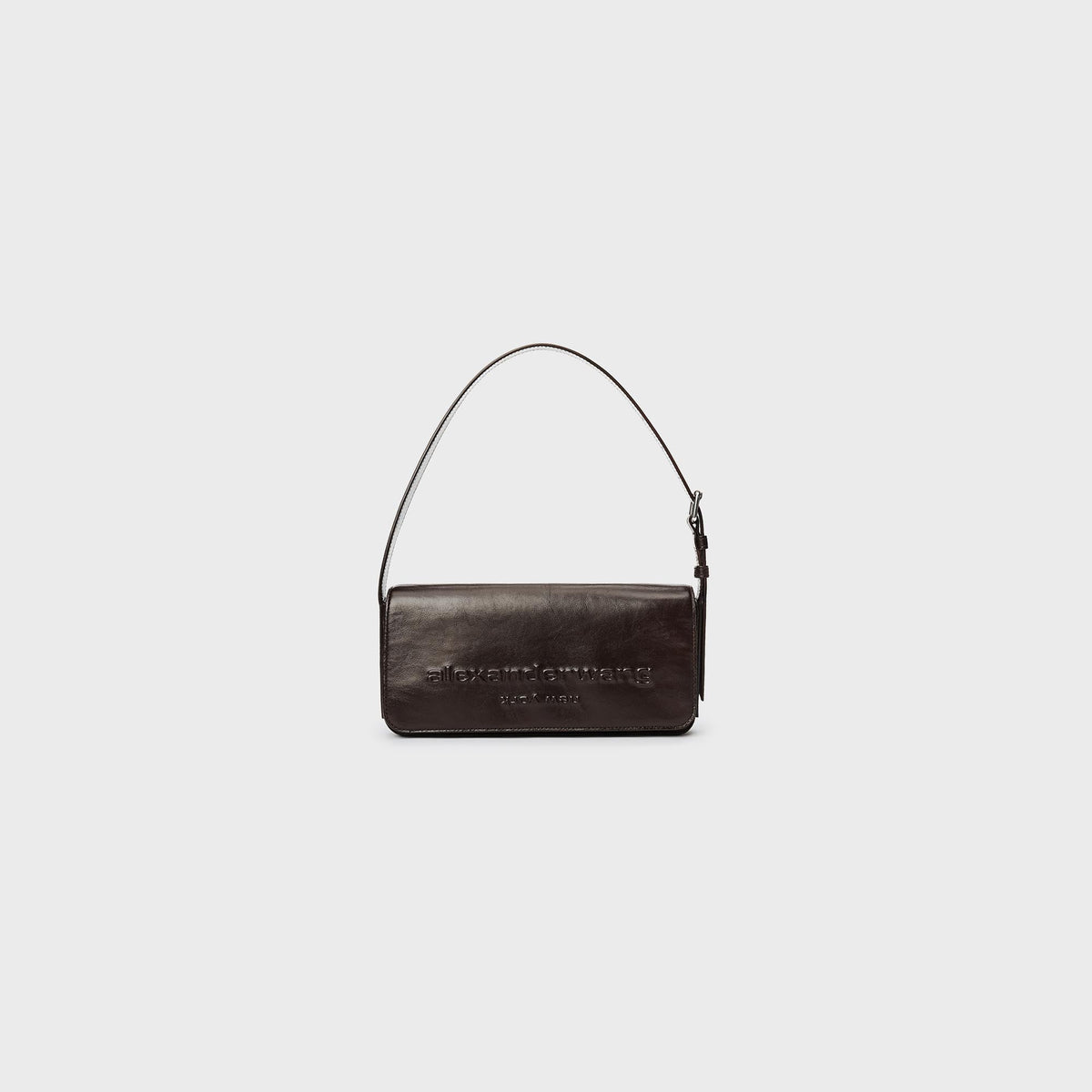 Alexander Wang Punch Flap Shoulder Bag in Oxblood, dark brown leather bag with thin shoulder strap, front view