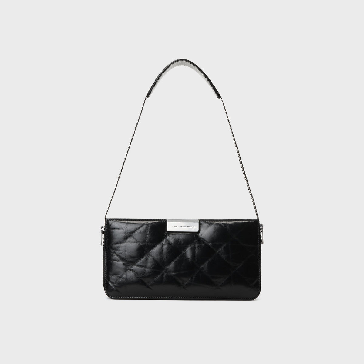 Alexander Wang Siren pressed quilted mini bag in black leather with chain strap and silver frame clasp, front view
