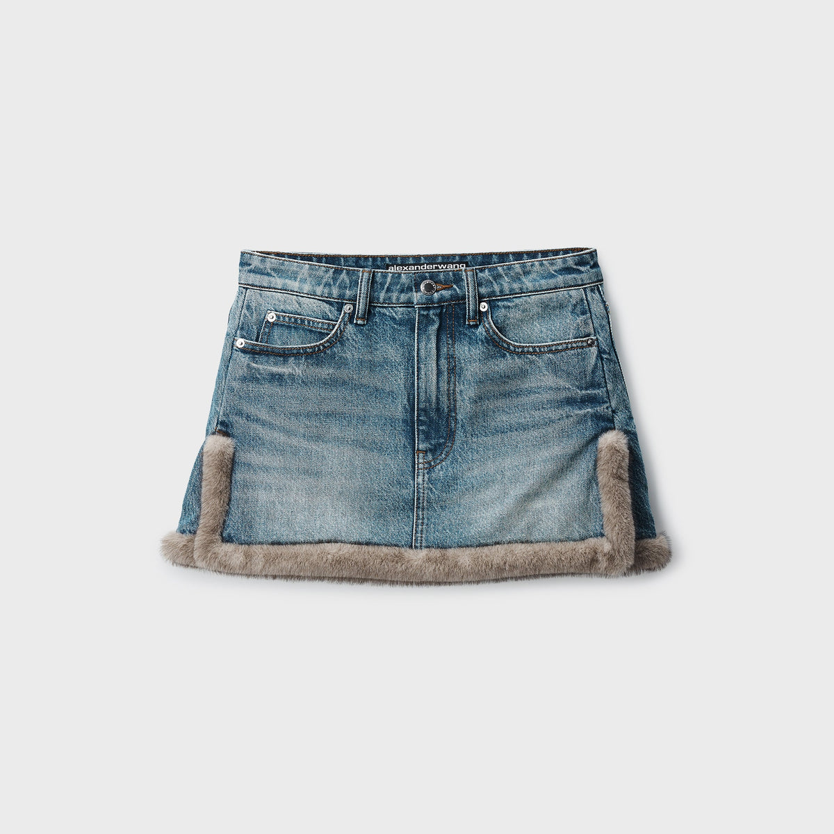 Alexander Wang Faux Fur Trim Denim Skirt - Tinted Medium Indigo