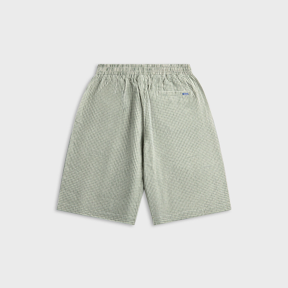 Brighton Shorts in White, seersucker-textured sage green shorts, back view