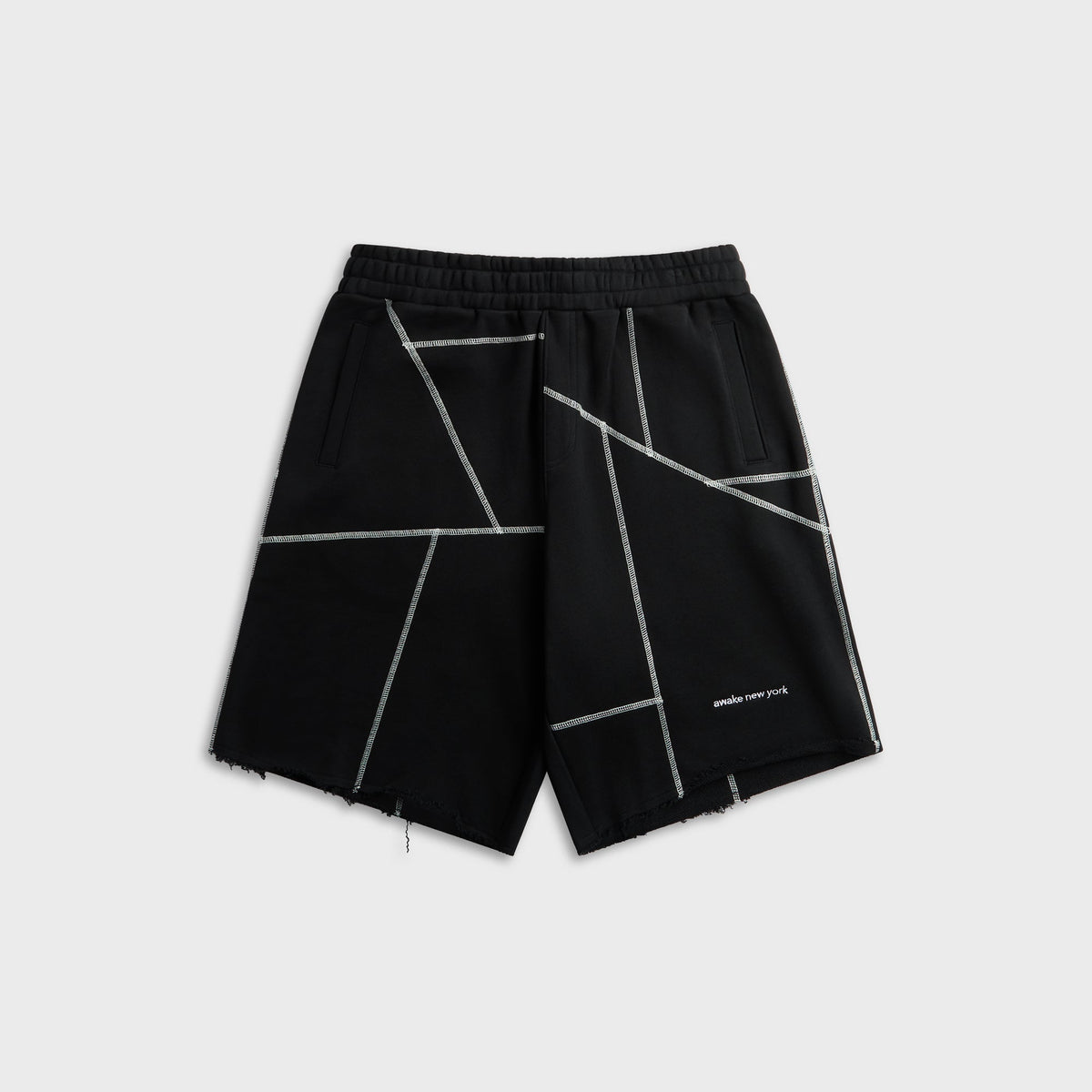 Awake NY Campus Shorts in Black, black shorts with white geometric line print, front view