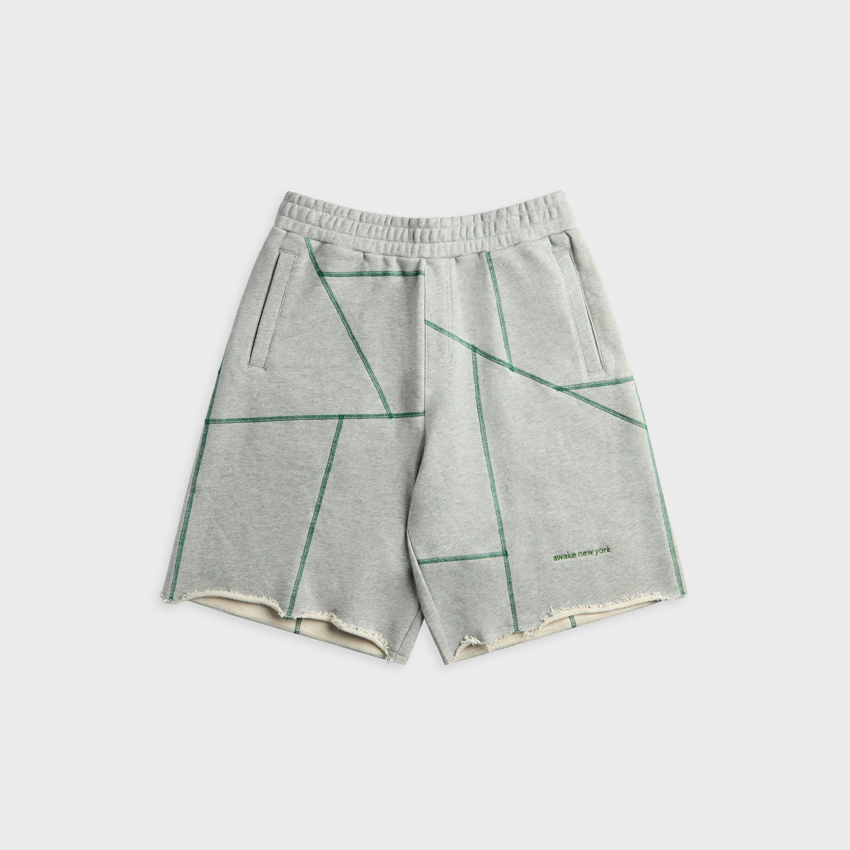 Awake NY Campus Shorts in Heather Grey, grey shorts with green geometric line print, front view
