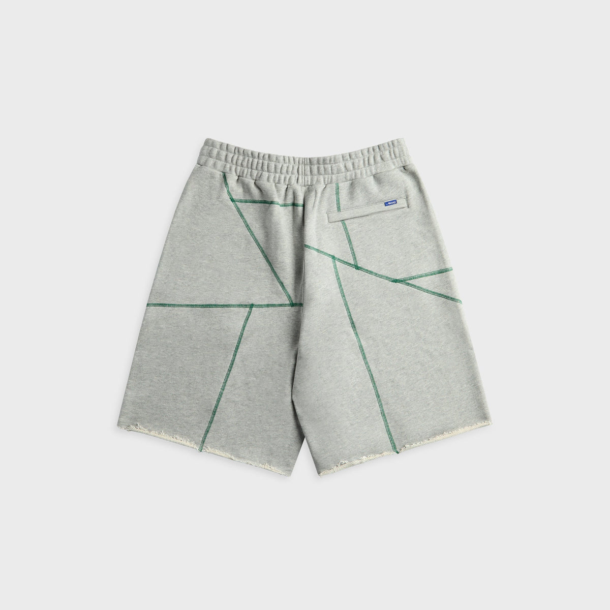 Awake NY Campus Shorts in Heather Grey, grey shorts with green geometric line print, back view