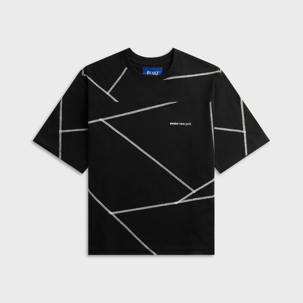 Awake NY Campus Shirt in Black, black tee with white geometric line graphic, front view