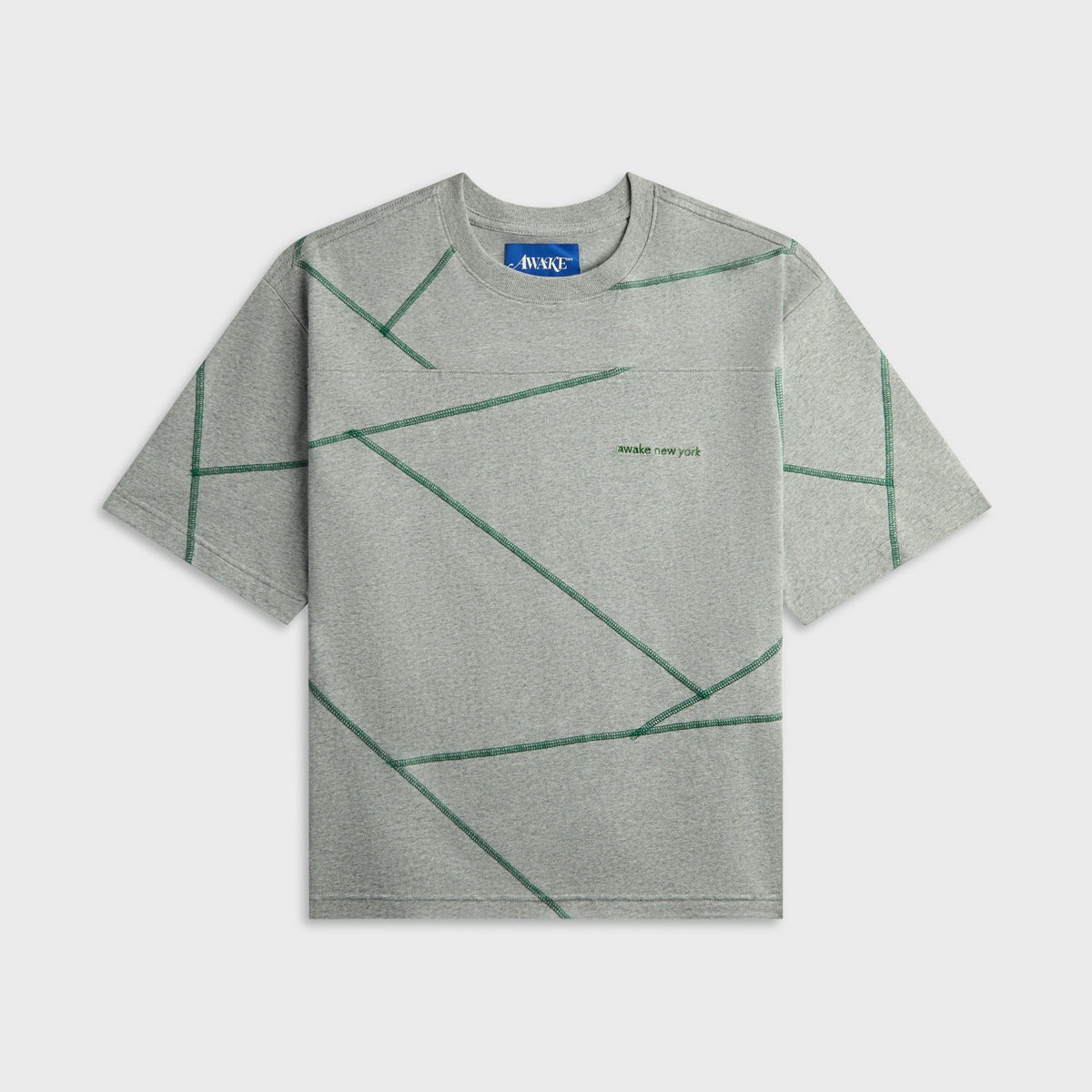 Awake NY Campus Shirt in Heather Grey, grey shirt with green geometric line graphic, front view