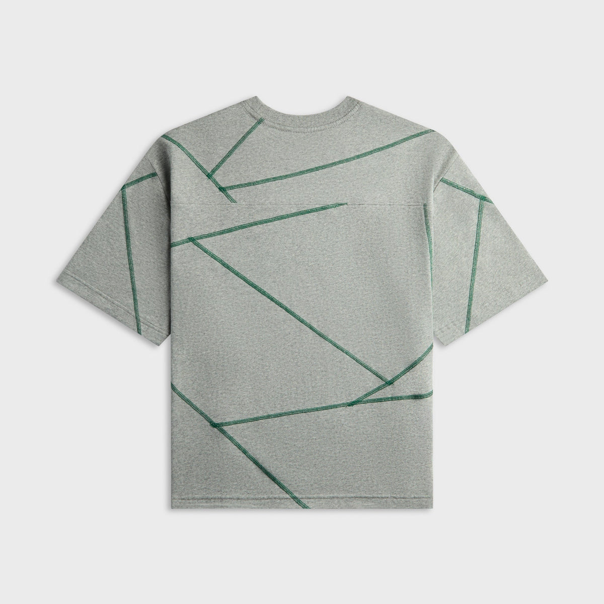 Awake NY Campus Shirt in Heather Grey, grey shirt with green geometric line graphic, back view