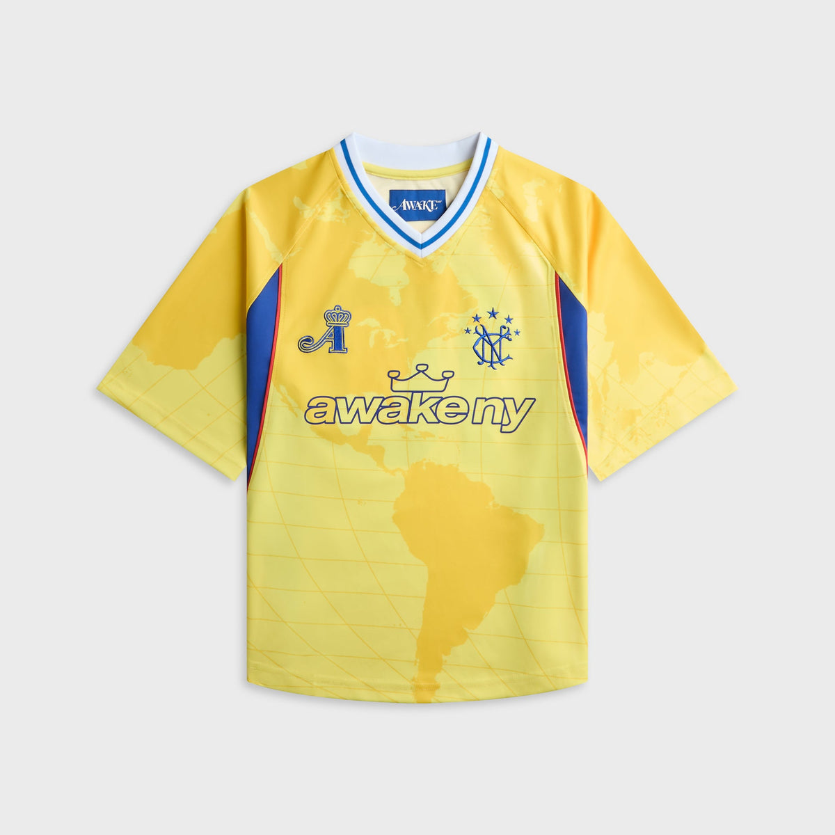 Awake NY Mundial Crown Jersey in Yellow, yellow soccer jersey with world map graphic, front view
