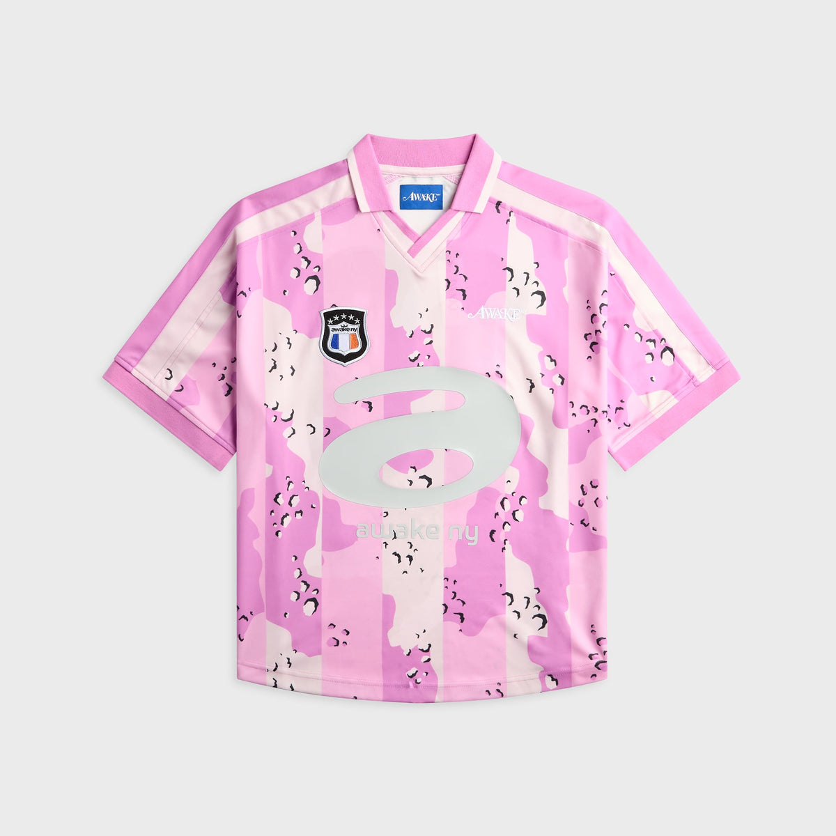 Awake NY Mundial Crown Jersey in Pink, pink camo-print soccer jersey, front view