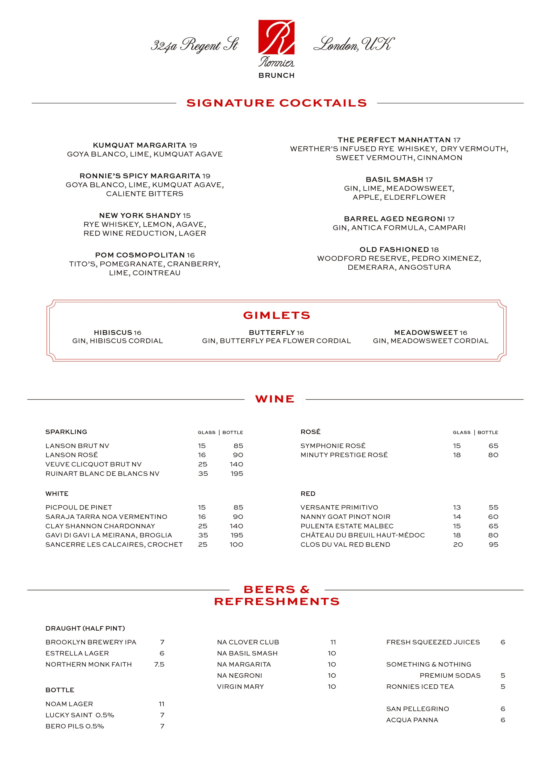 Ronnie's restaurant brunch menu page listing signature cocktails, wine, and beer, 324a Regent St, London