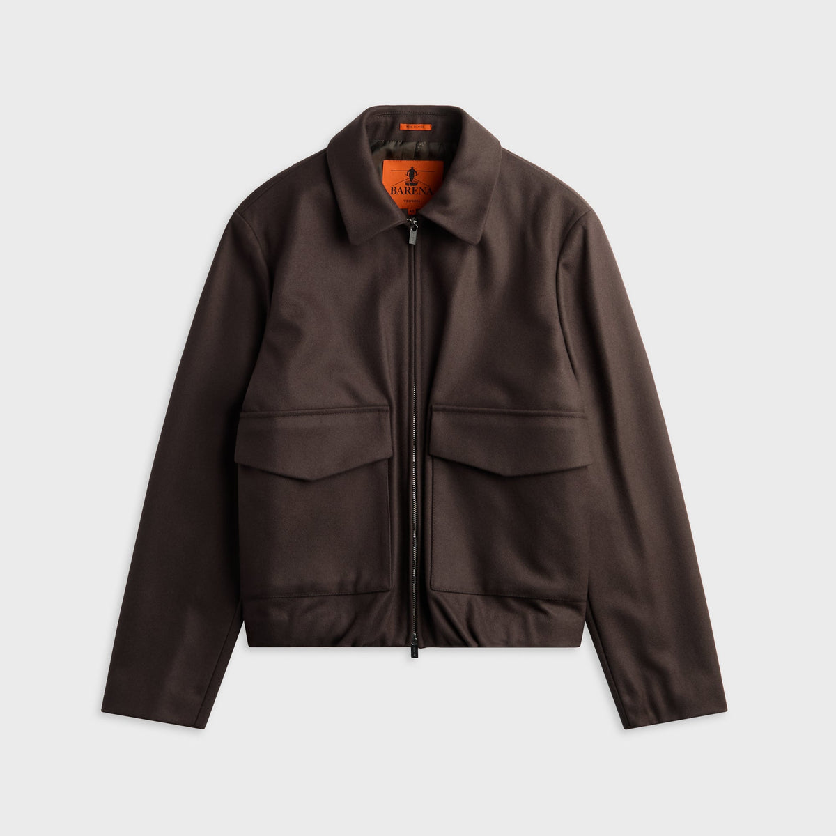 Barena Caramal Coat in Bruno, dark brown zip-up jacket with patch pockets, front view