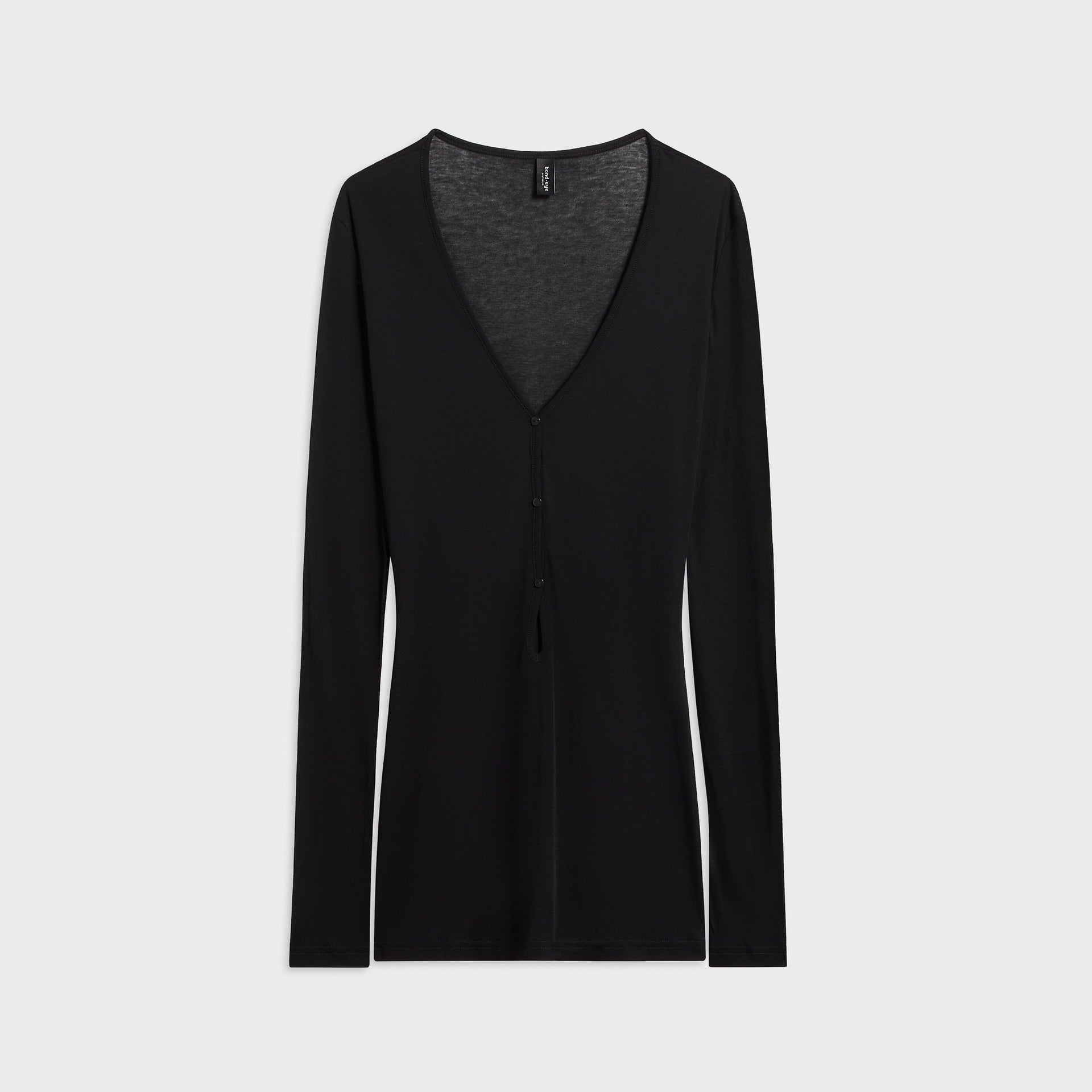 Bond-Eye Elias black long-sleeve mini dress, sheer knit with deep V button-tie front, front flat-lay