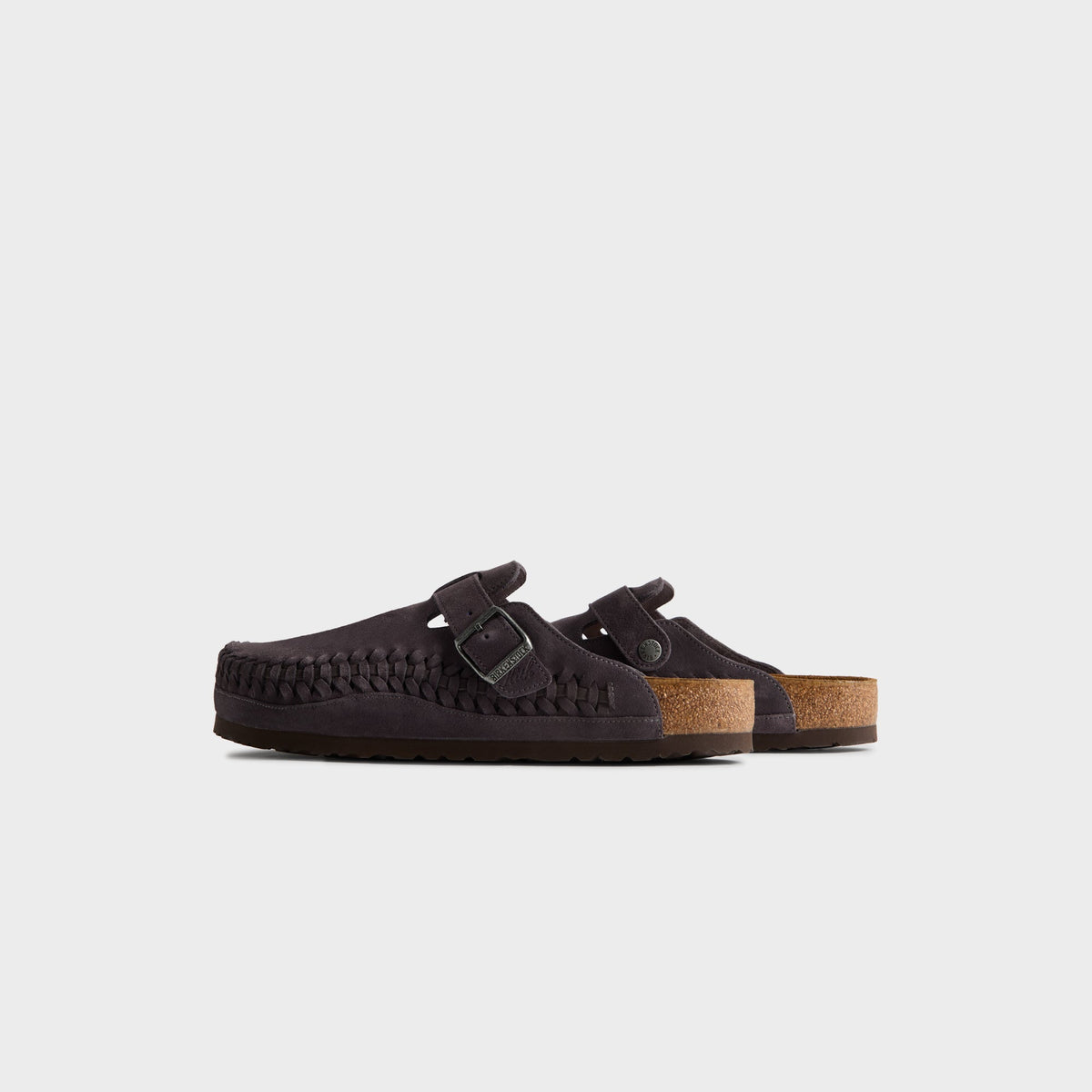 Kith for Birkenstock Boston Braided in Rabbit Grey, rear three-quarter view of the open-back charcoal suede clog pair