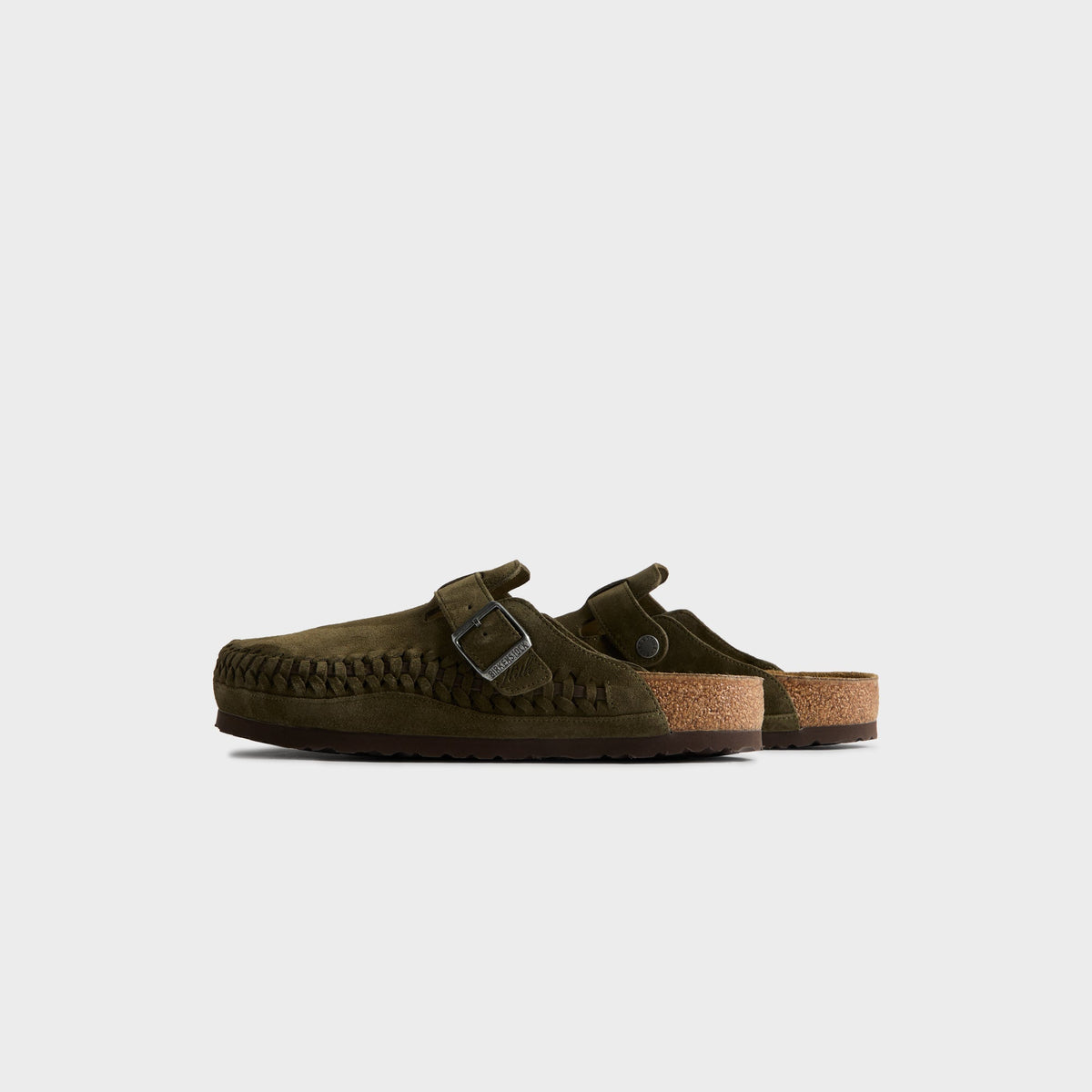 Kith for Birkenstock Boston Braided in Thyme, rear three-quarter view of the open-back olive suede clog pair