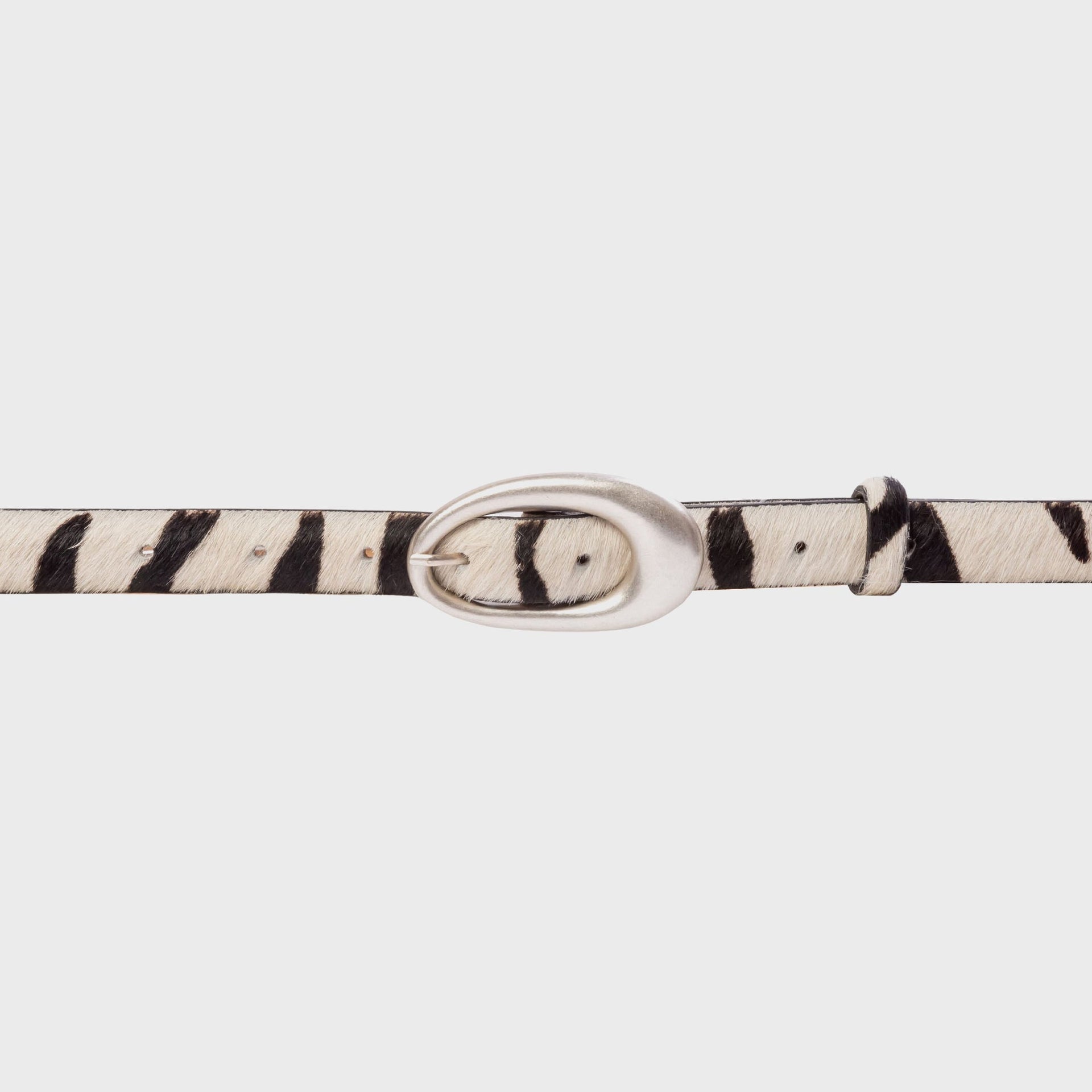 Black Suede Studio Oval Belt - Zebra Pony Hair / Silver Buckle