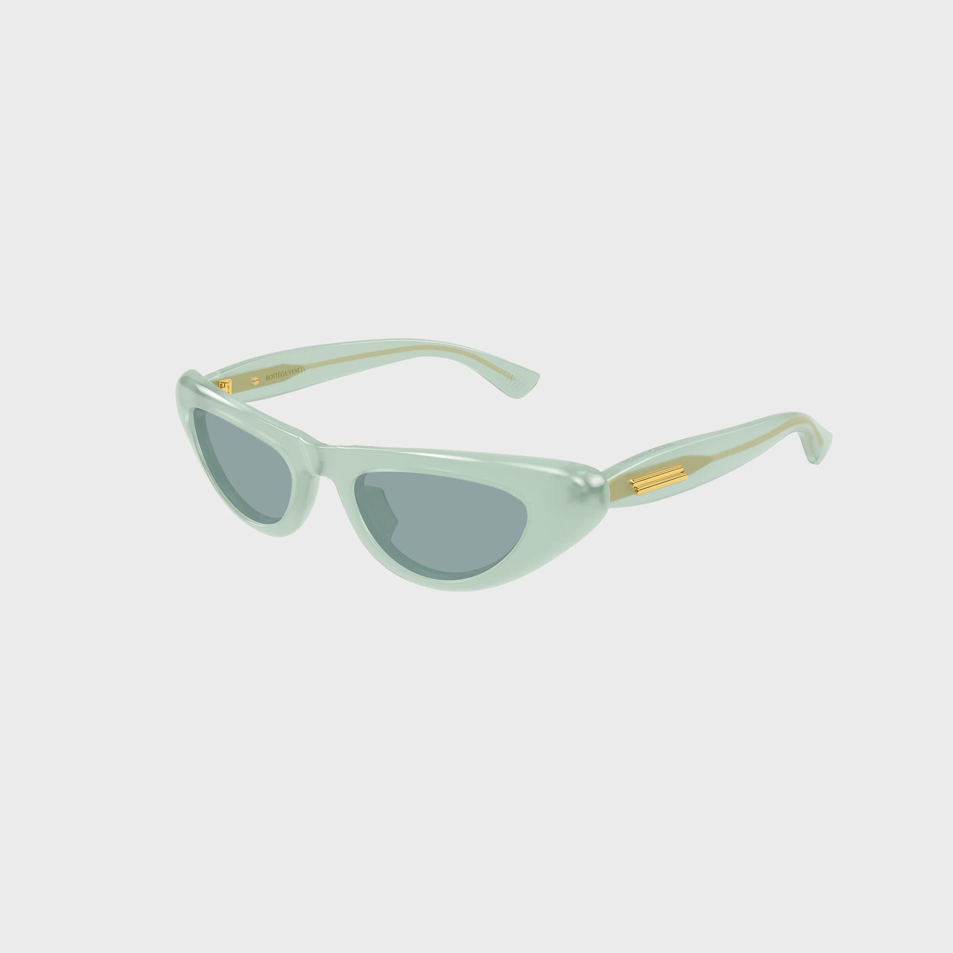 Bottega Veneta Bombe cat-eye sunglasses, mint green acetate with gold temple hinge detail, 3/4 angle