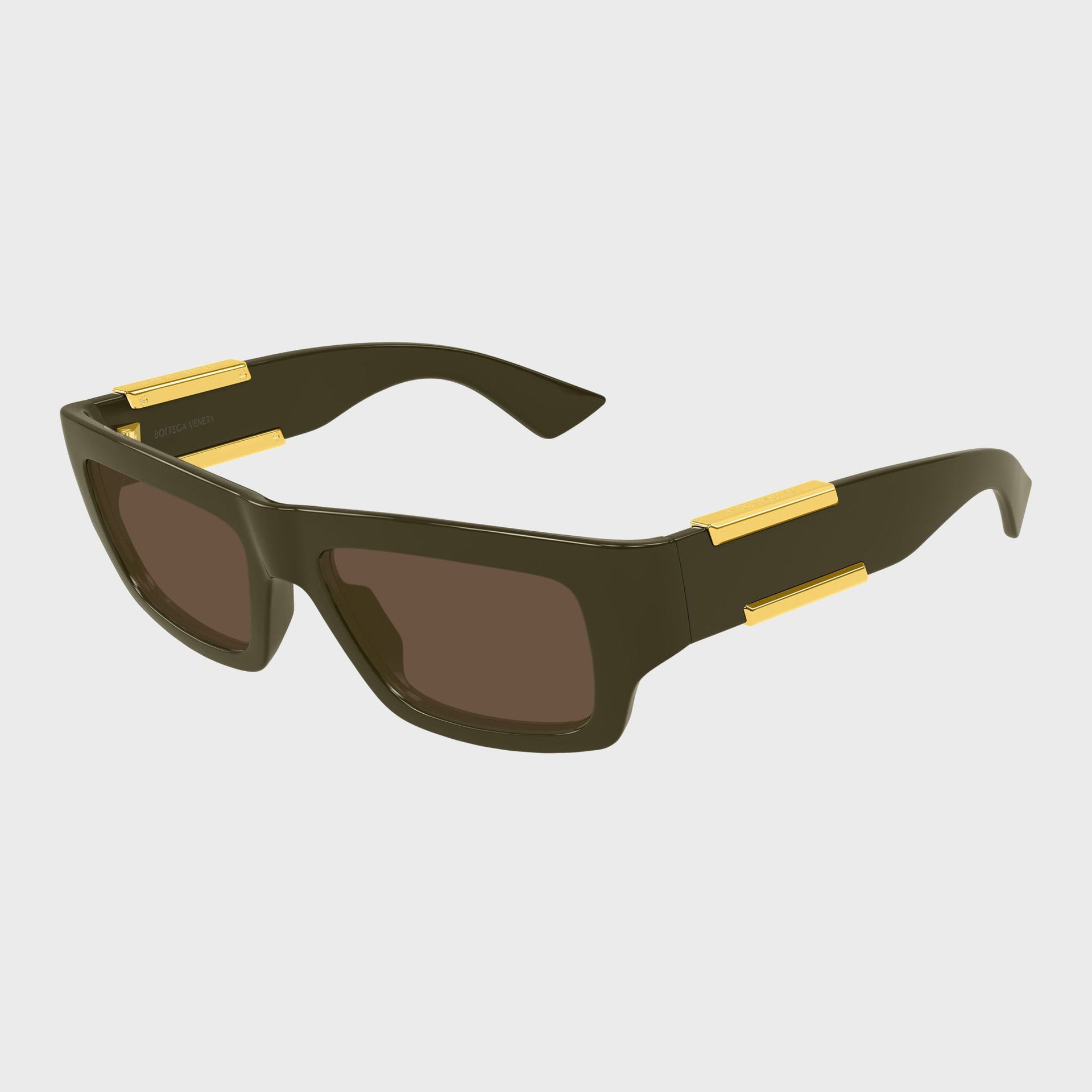 Bottega Veneta Dash squared sunglasses in olive green, three-quarter view with gold bar temple accents