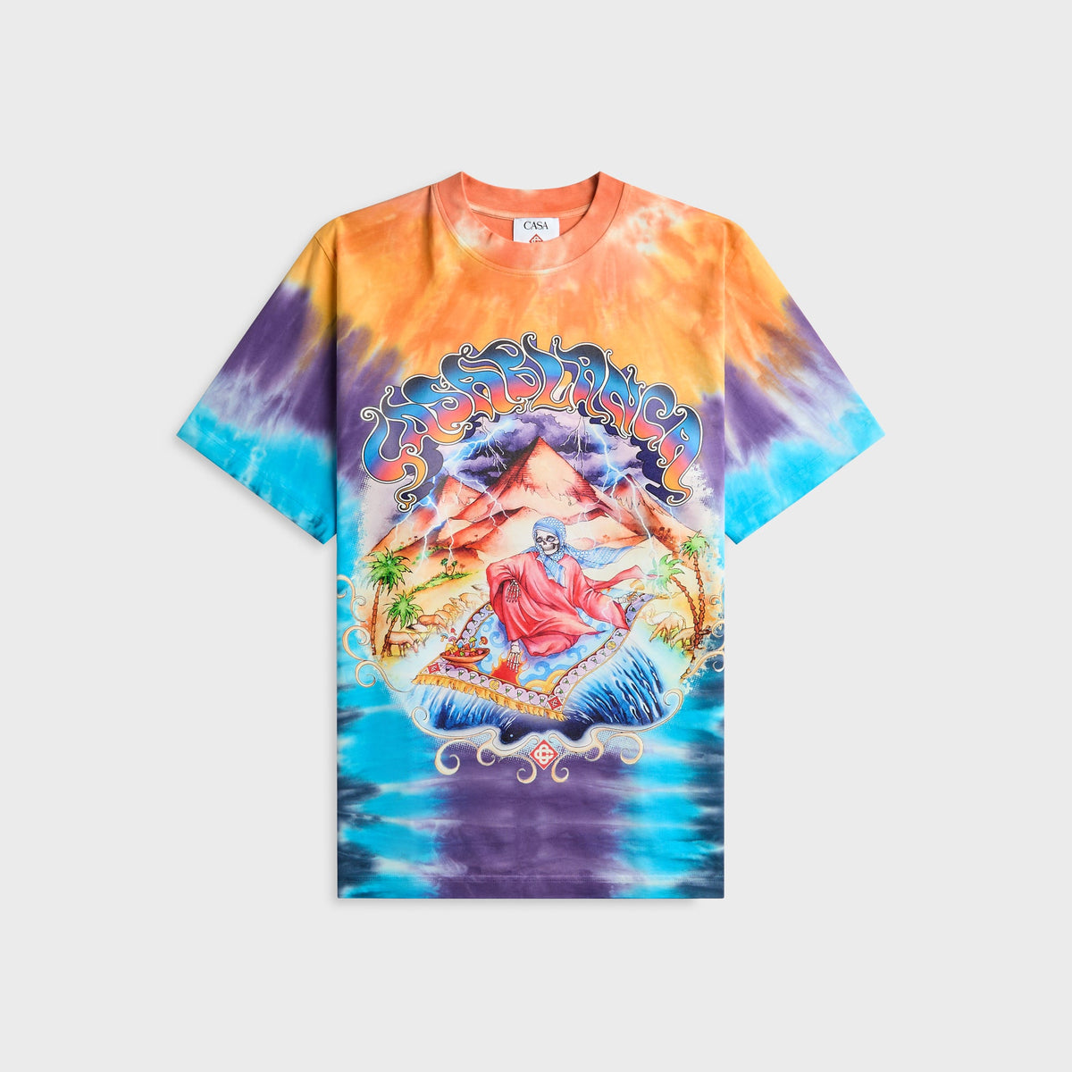 Casablanca tie-dye long sleeve tee in orange, purple and blue with graphic flying carpet print, front view