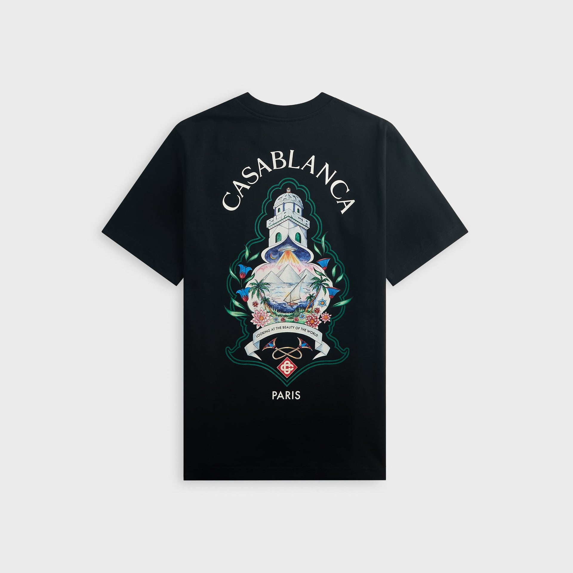 Casablanca Hotel Emblem black tee, back view with large lighthouse, island, sailboat and pyramids emblem and Casablanca Paris text