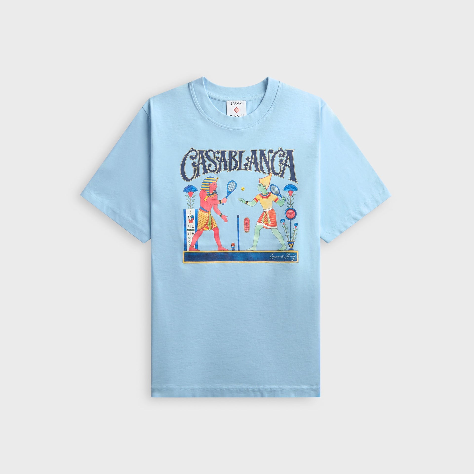 Casablanca Egyptian Tennis Match light blue tee, front view with pharaohs playing tennis graphic and Casablanca lettering