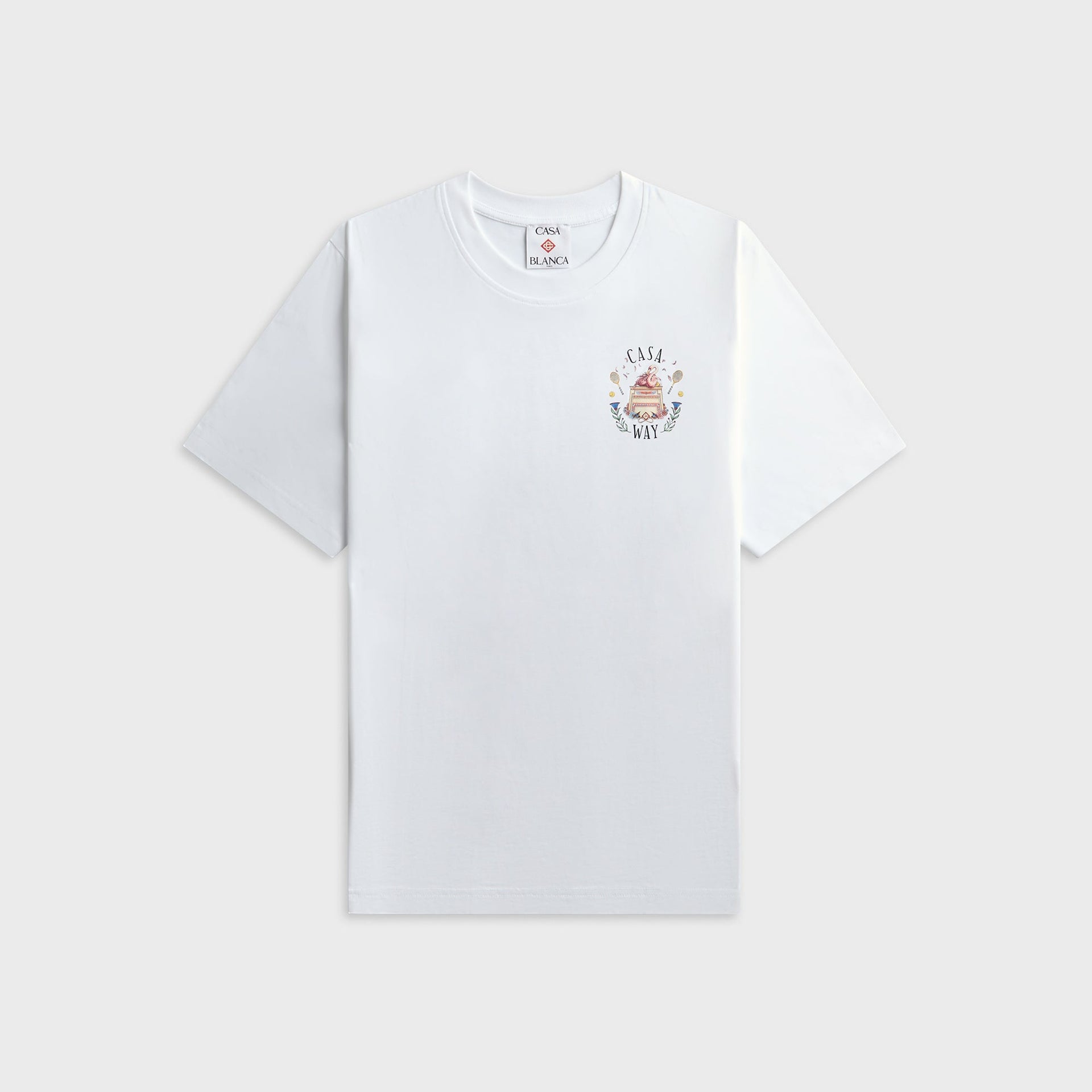 Casablanca Casa Way white tee, front view with small left-chest flamingo and tennis crest logo