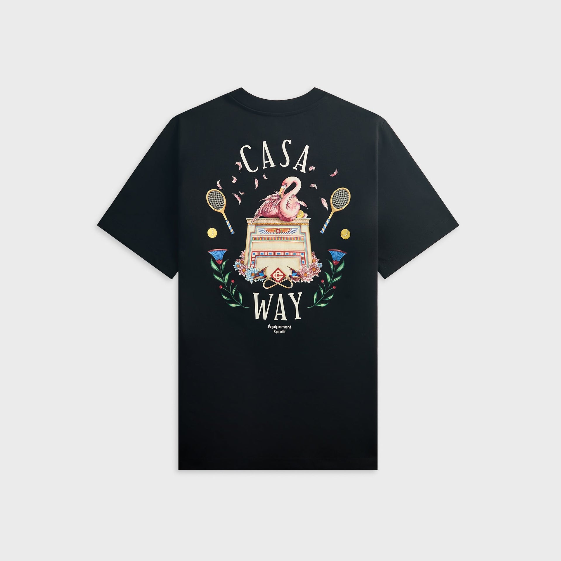 Casablanca Casa Way black tee, back view with large flamingo tennis crest and Casa Way lettering
