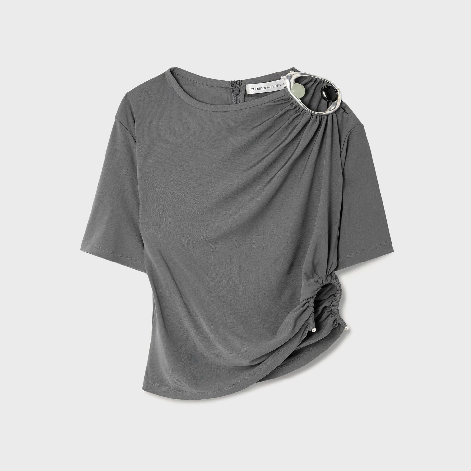 Christopher Esber Prica Crystal Ruched Jersey Tee - Blue Granite