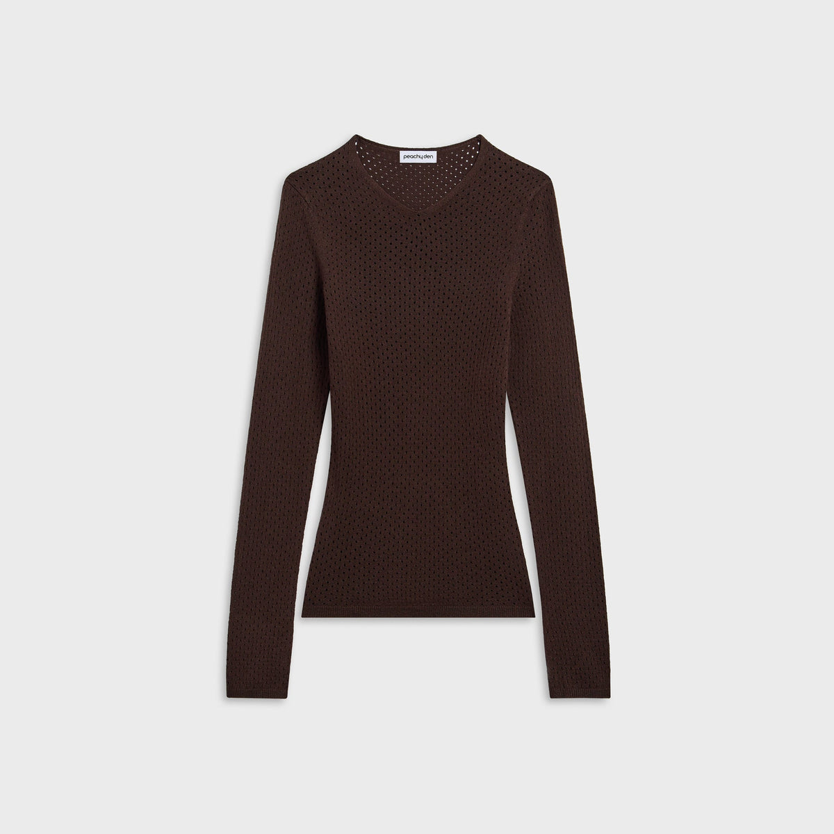 Peachy Den Carly Thermal Knit Top in chocolate brown, front view with V-neck, open-weave knit and long sleeves