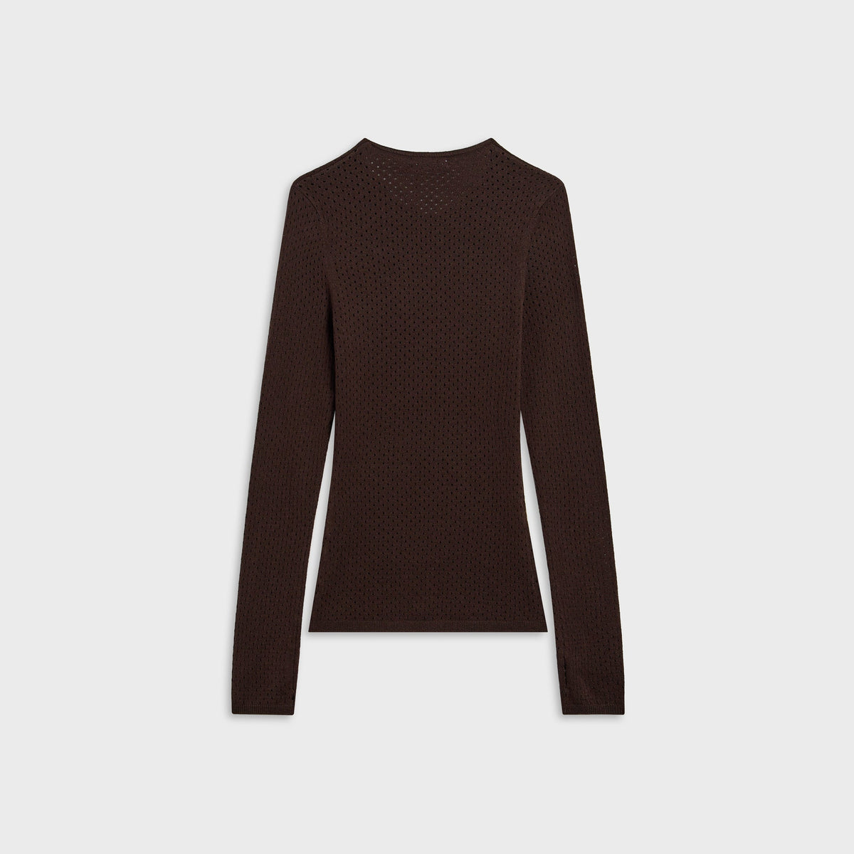 Peachy Den Carly Thermal Knit Top in chocolate brown, back view with open-weave knit and fitted long sleeves