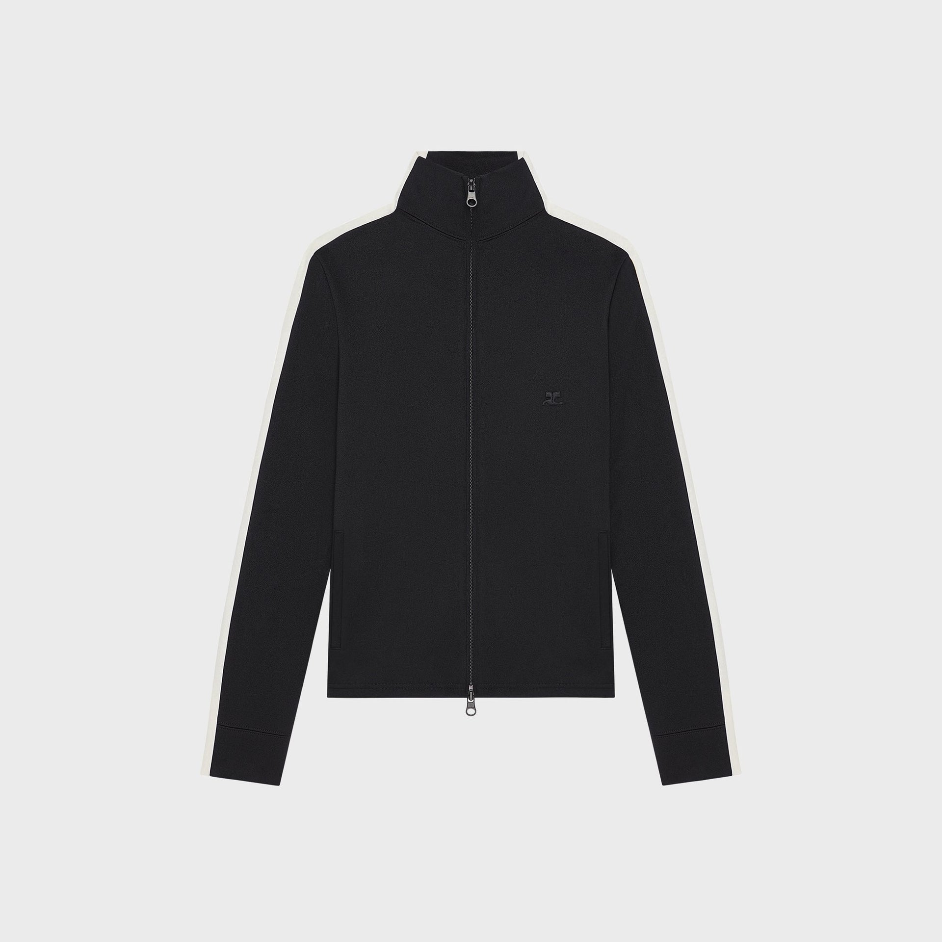 Courreges black bicolor tracksuit top with cream side stripe and logo on chest, front view, flat lay