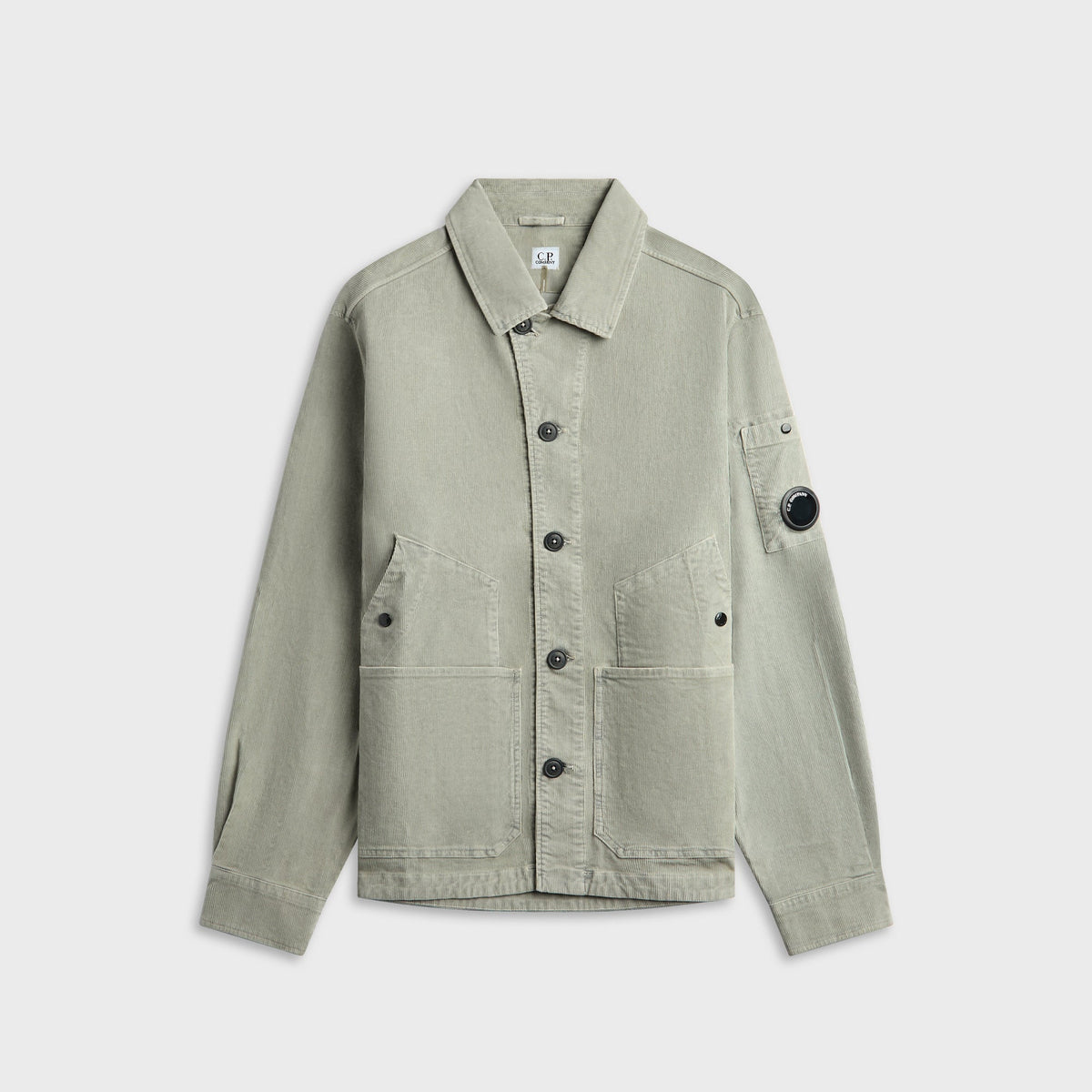 C.P. Company Corduroy Button Lens Blazer in Flint Grey, sage corduroy jacket with chest pockets, front view
