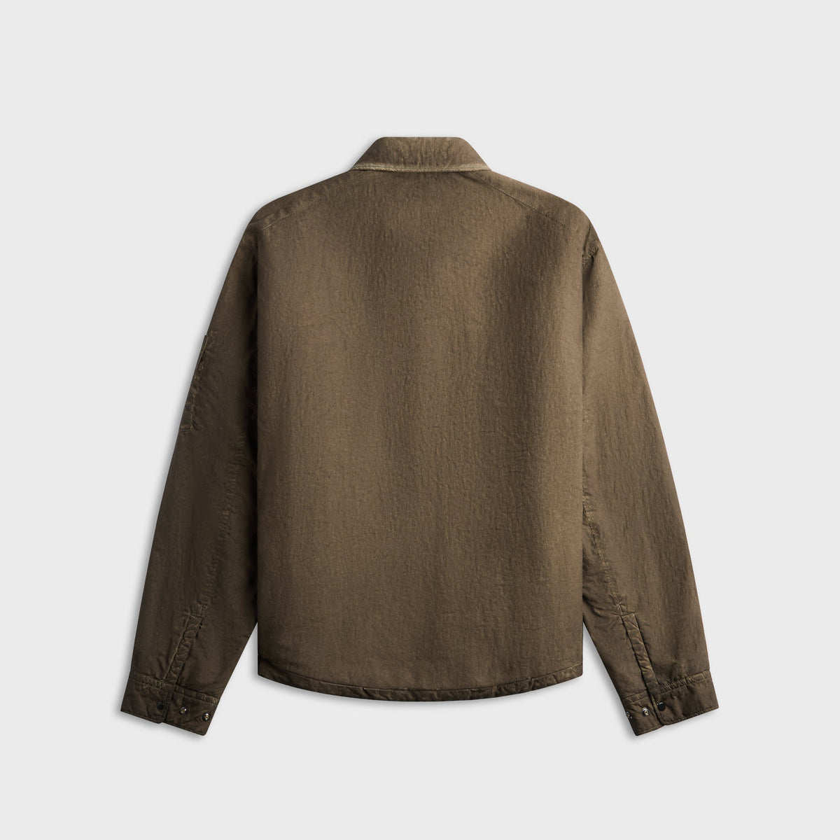 C.P. Company Flatt Nylon Lens Padded Zipped Overshirt in Re-Color Brown, distressed brown overshirt, back view