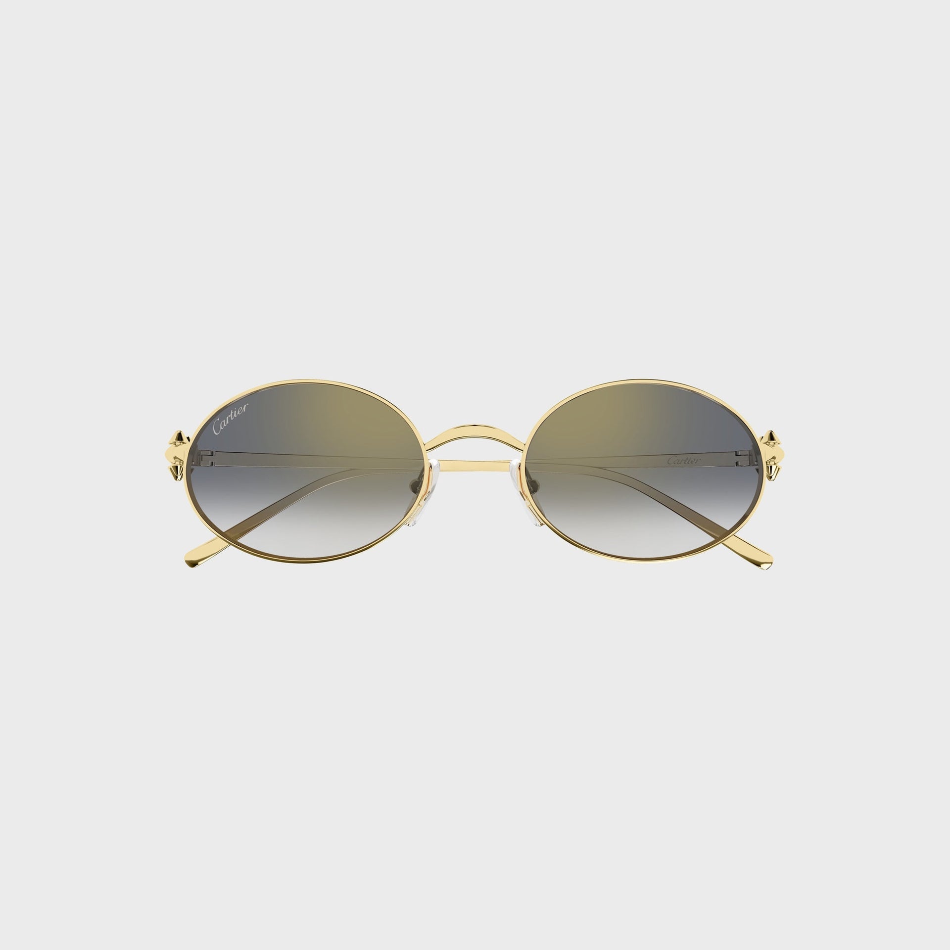 Cartier CT0644S gold oval sunglasses with grey-olive gradient lenses, front view with Cartier script on the lens