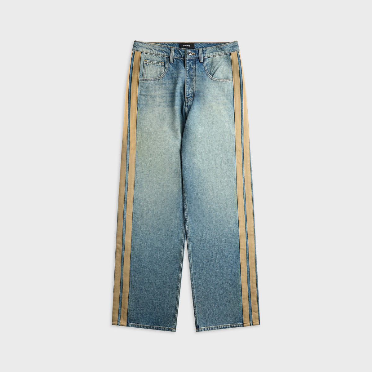 NAHMIAS Sunfade Denim Track Pant in Medium Indigo Wash, denim track pants with contrast side stripe, front view