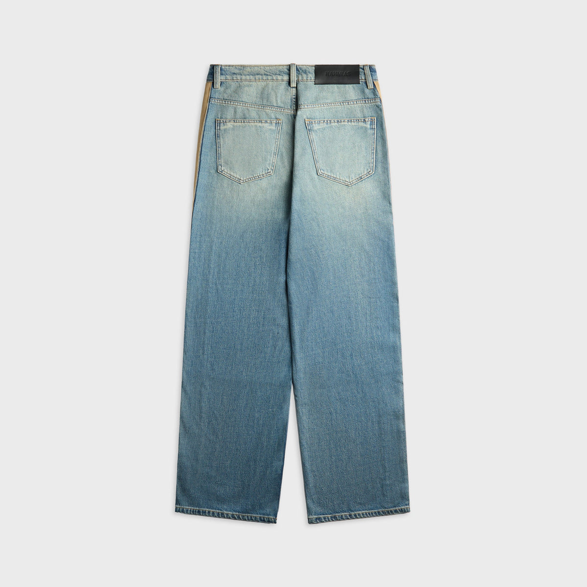 NAHMIAS Sunfade Denim Track Pant in Medium Indigo Wash, denim track pants with sun-faded finish, back view