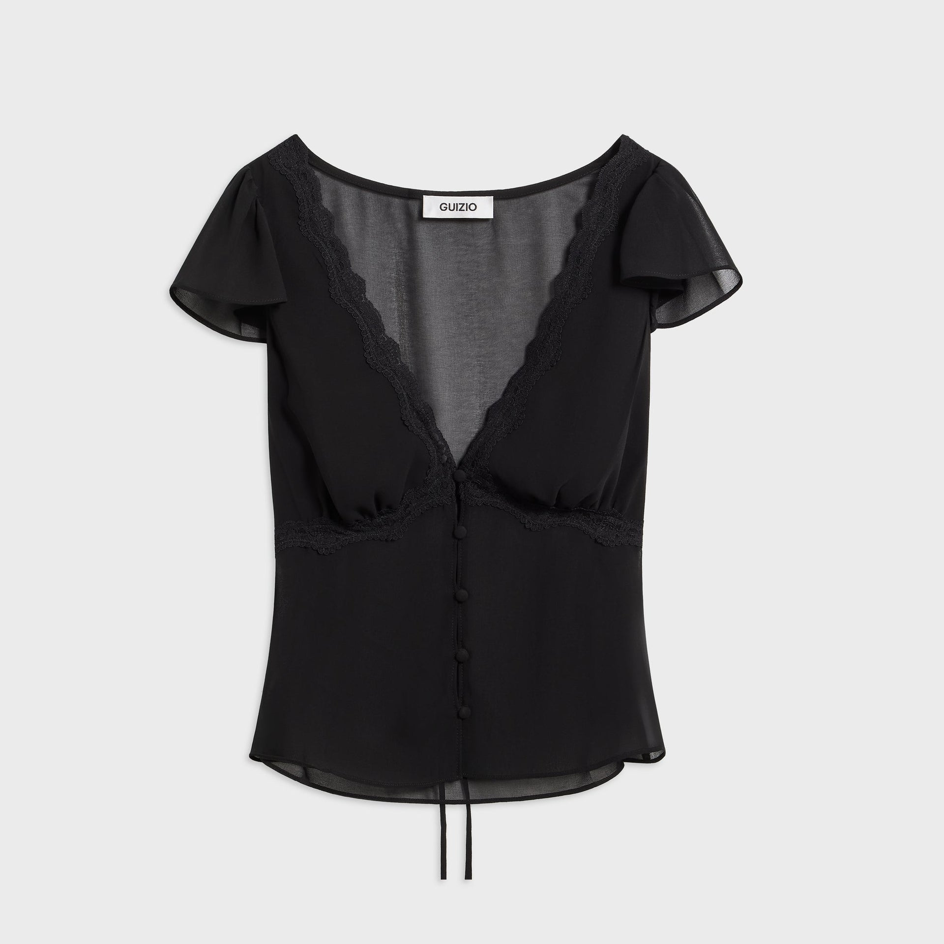 GUIZIO Ara black sheer V-neck top, front, lace trim, flutter sleeves, covered-button placket, GUIZIO label