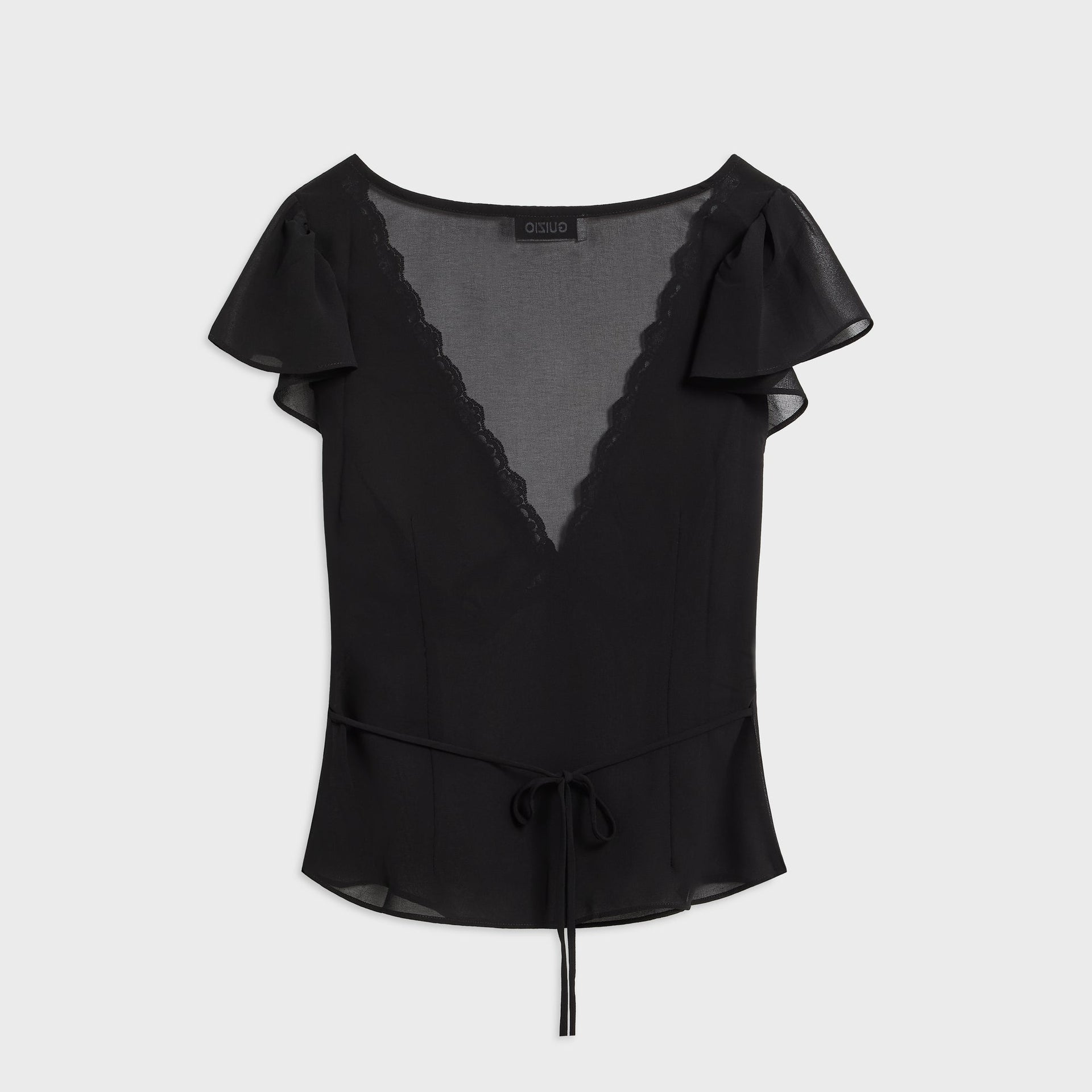 GUIZIO Ara black V-neck top, back view, lace-trimmed neckline and waist tie, sheer chiffon flutter sleeves