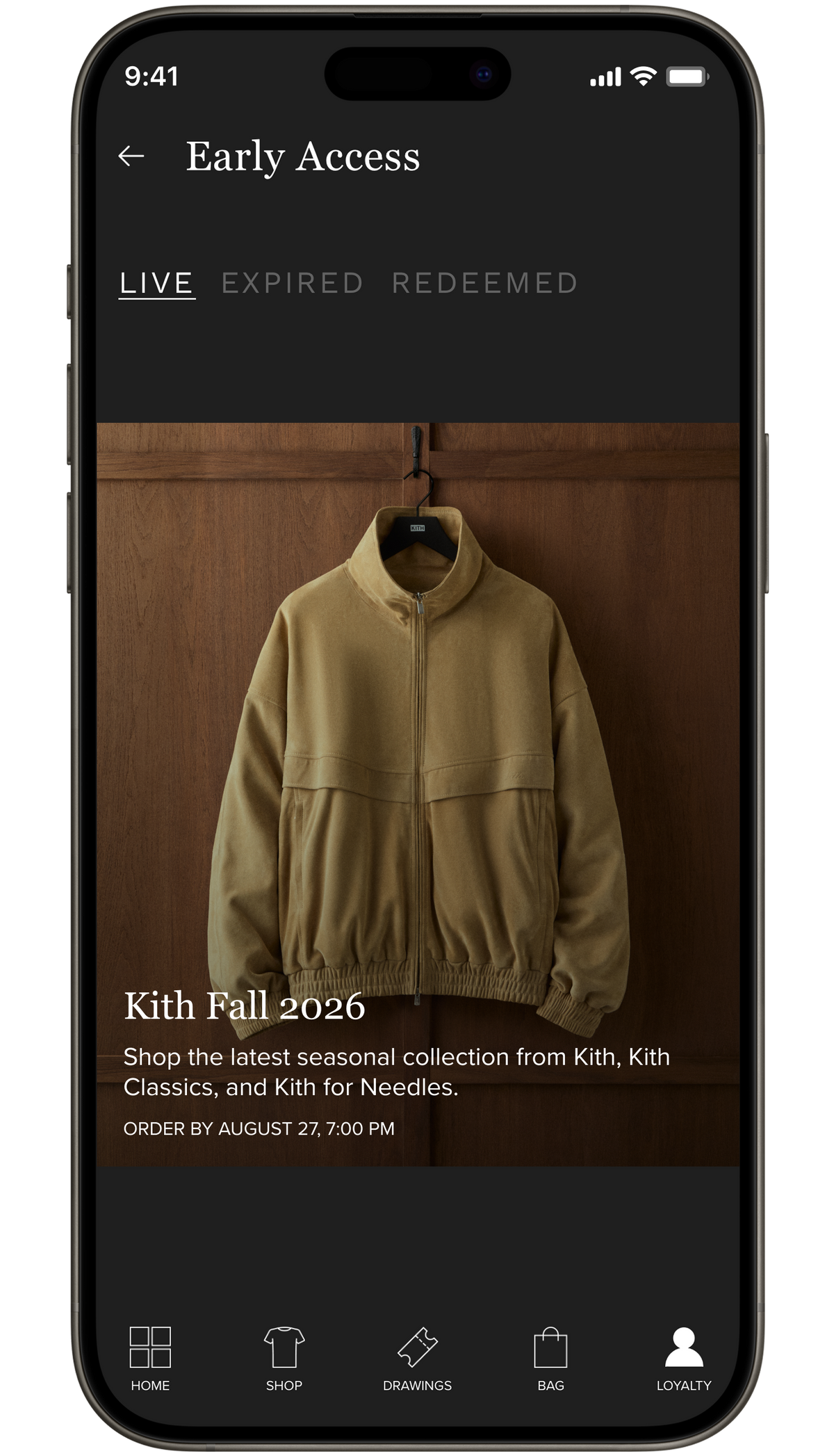 Kith mobile app Early Access screen showing a tan zip-up jacket from the Kith Fall 2026 collection with bottom navigation bar