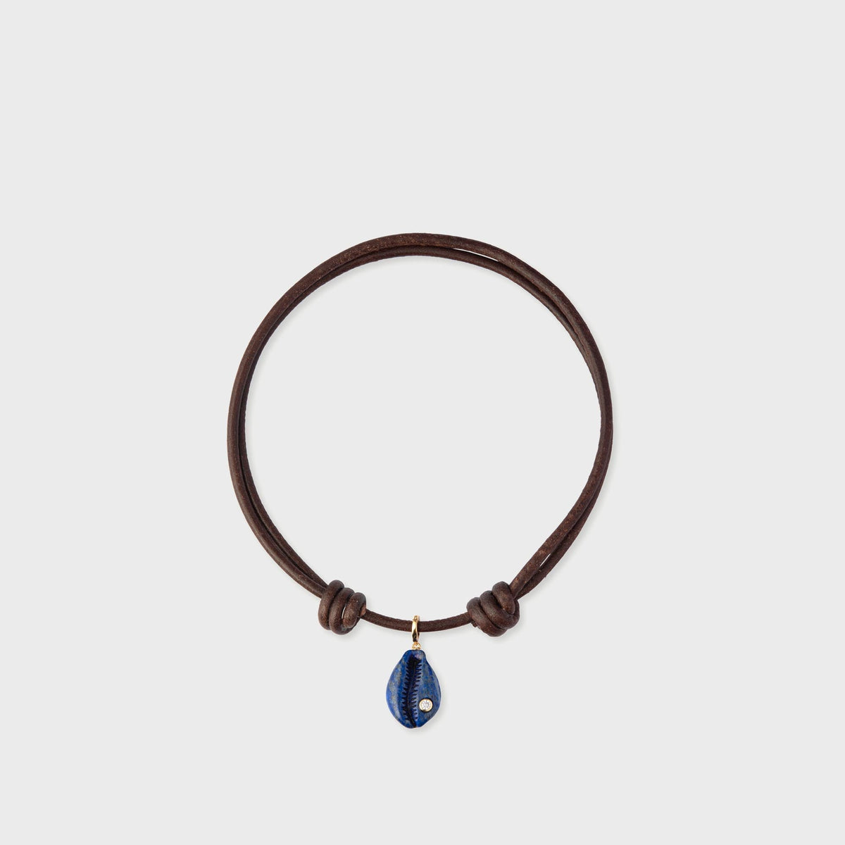 Eliou Cove Necklace in Brown, brown leather cord necklace with a knotted blue stone pendant