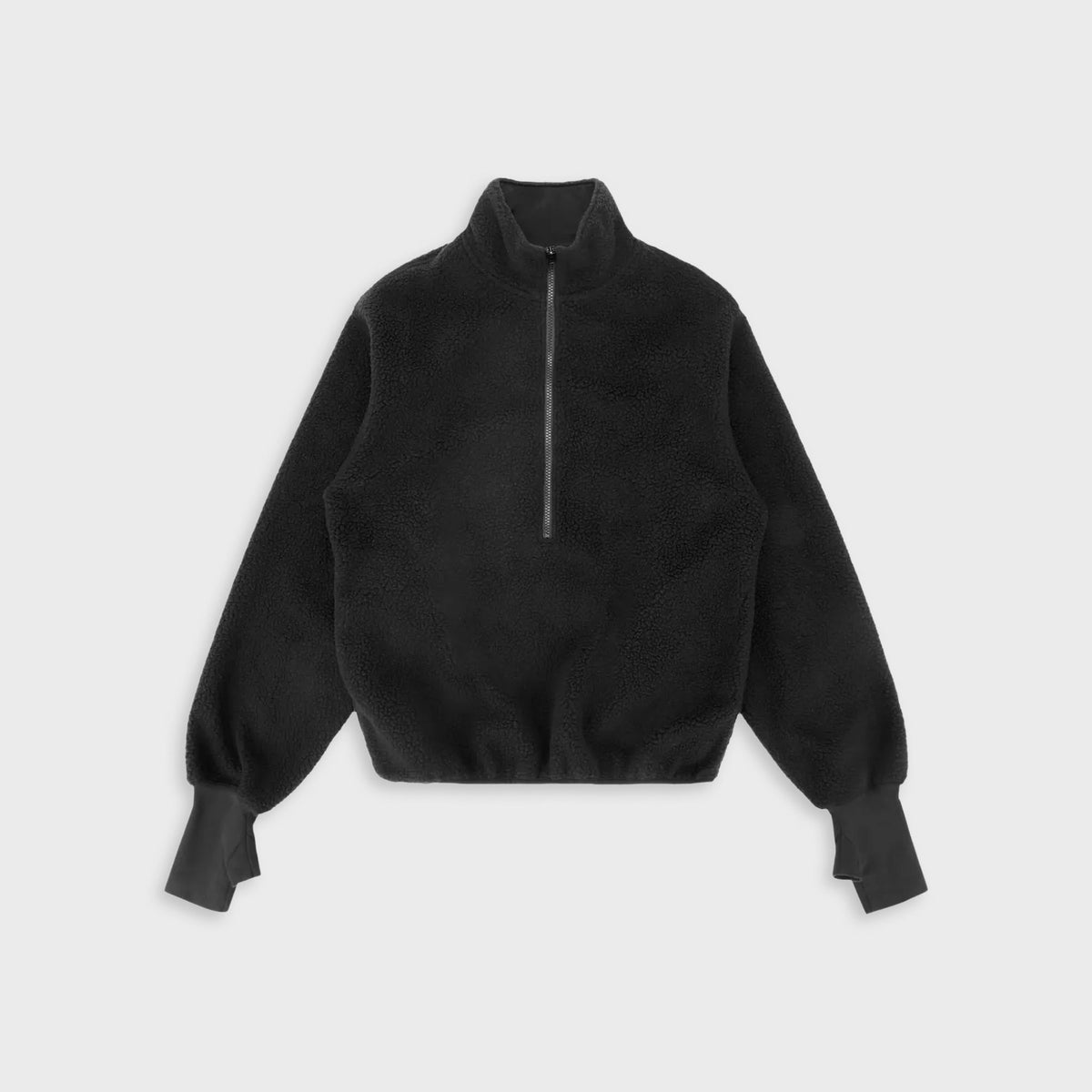Entire Studios Shell Fleece in Black: half-zip black sherpa fleece pullover with high collar and banded cuffs, front view
