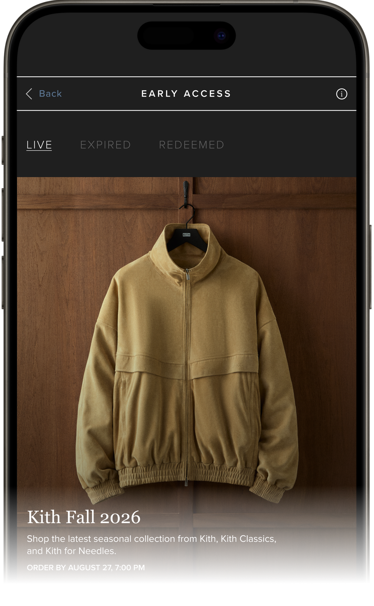 Kith mobile app Early Access screen showing a tan zip-up jacket from the Kith Fall 2026 collection