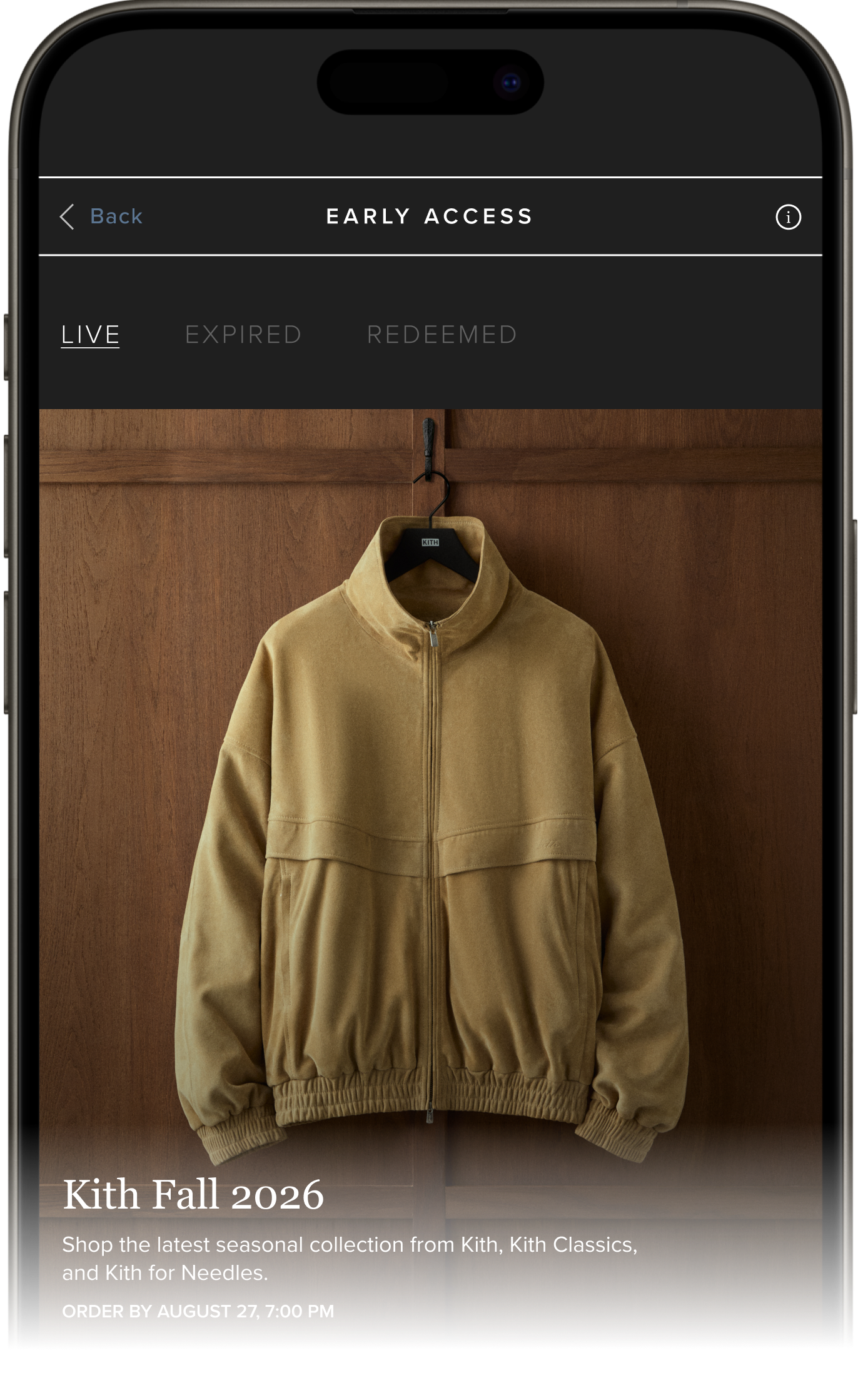 Close-up iPhone mockup of the Kith app Early Access page featuring an olive quarter-zip hoodie and Fall 2026 collection description