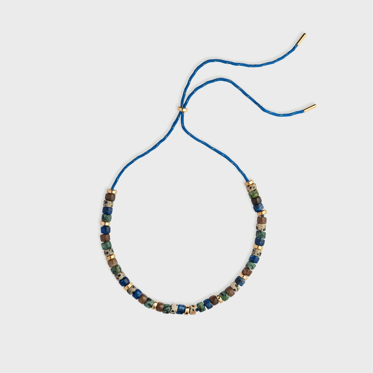 Eliou Pia Necklace in Autumn, beaded necklace with blue cord and multicolor stone beads on adjustable ties