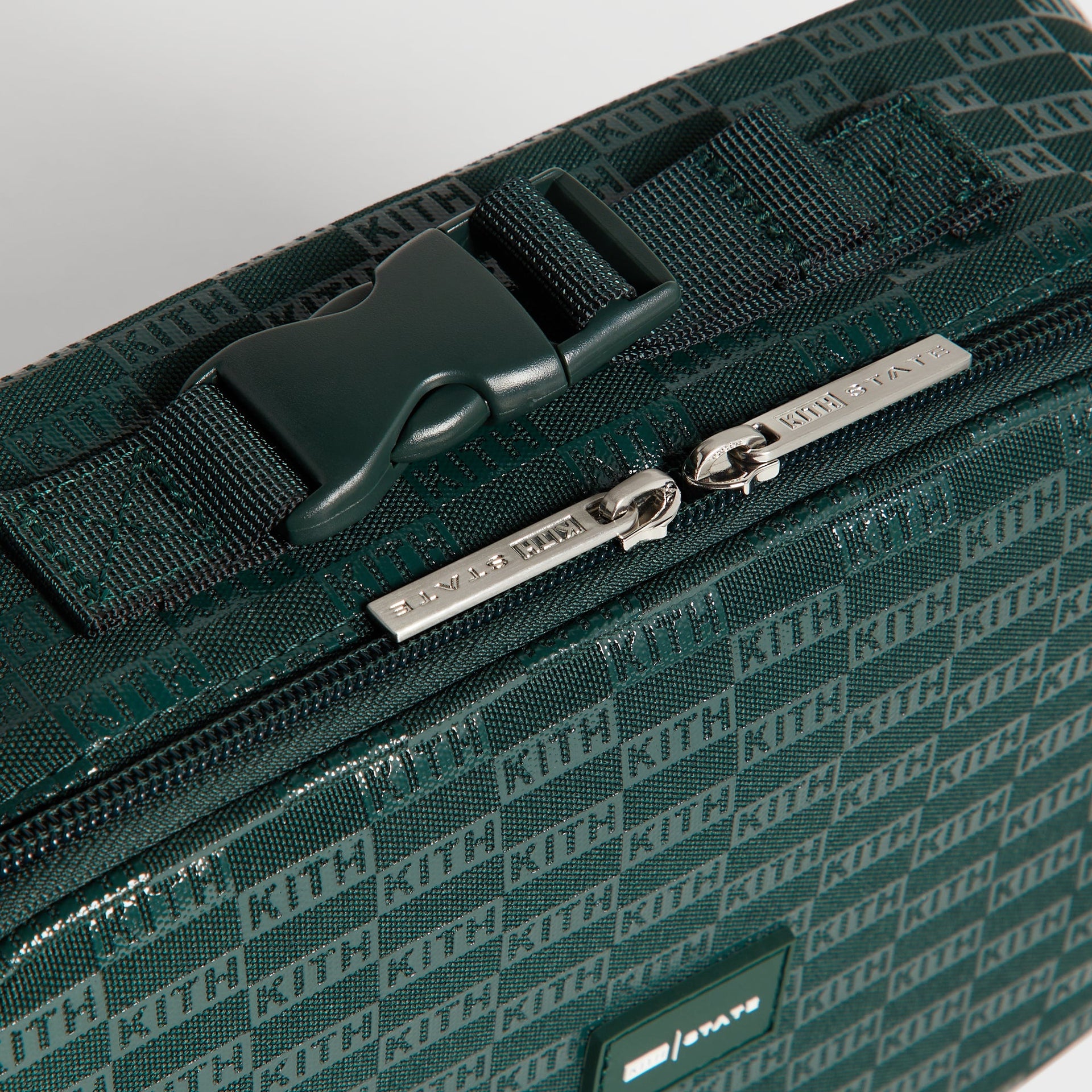 Kith Kids for STATE Rodgers Lunch Box close-up of buckle strap and engraved KITH STATE zipper pulls