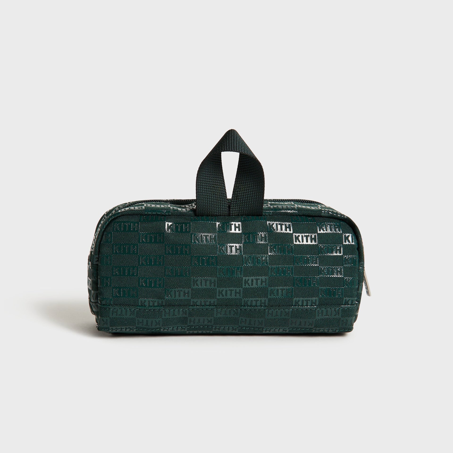 Kith Kids for STATE Clinton Pencil Case in dark green monogram, back view with top carry handle