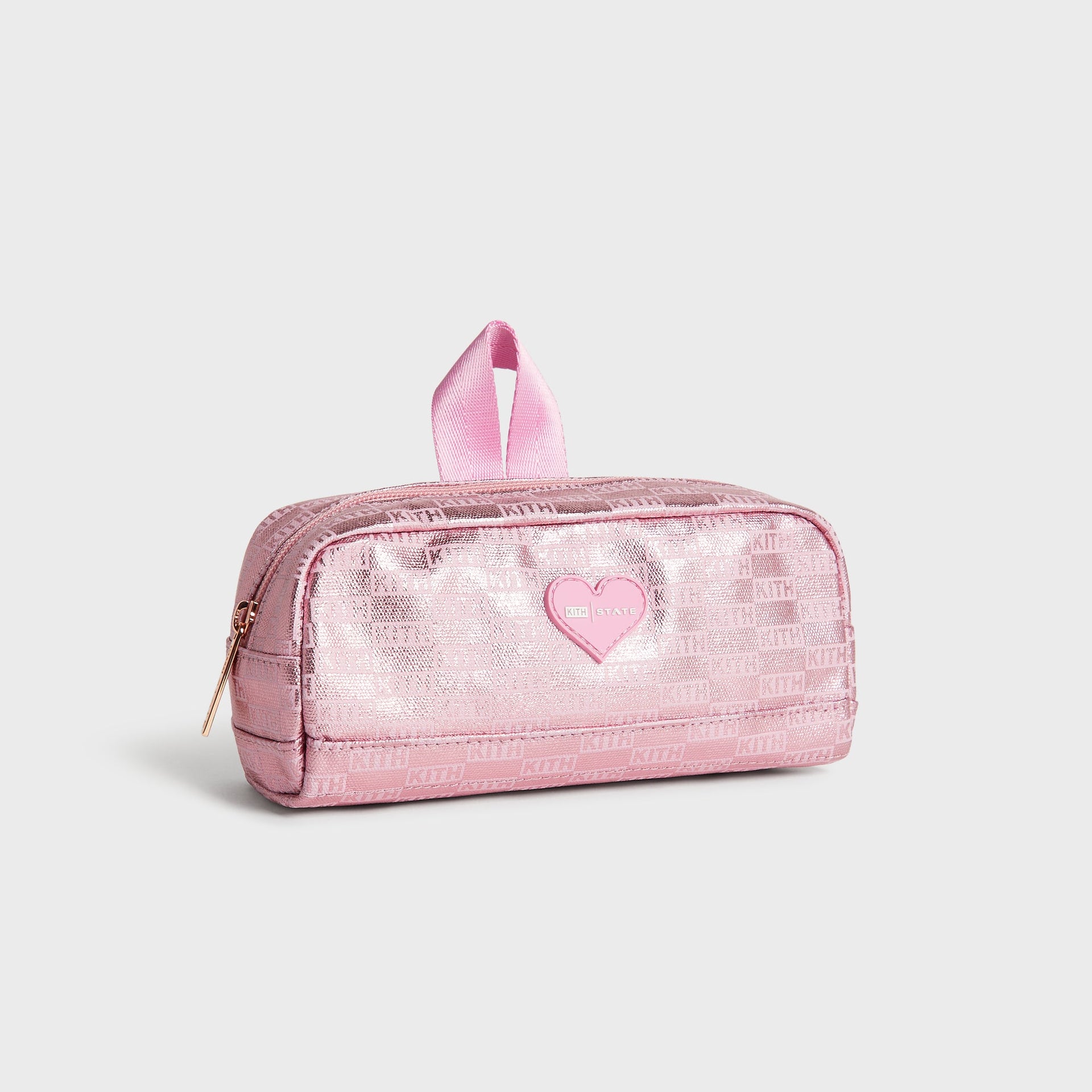 Kith Kids for STATE Clinton Pencil Case in Bloom, three-quarter angle showing gold zip pull and heart logo patch