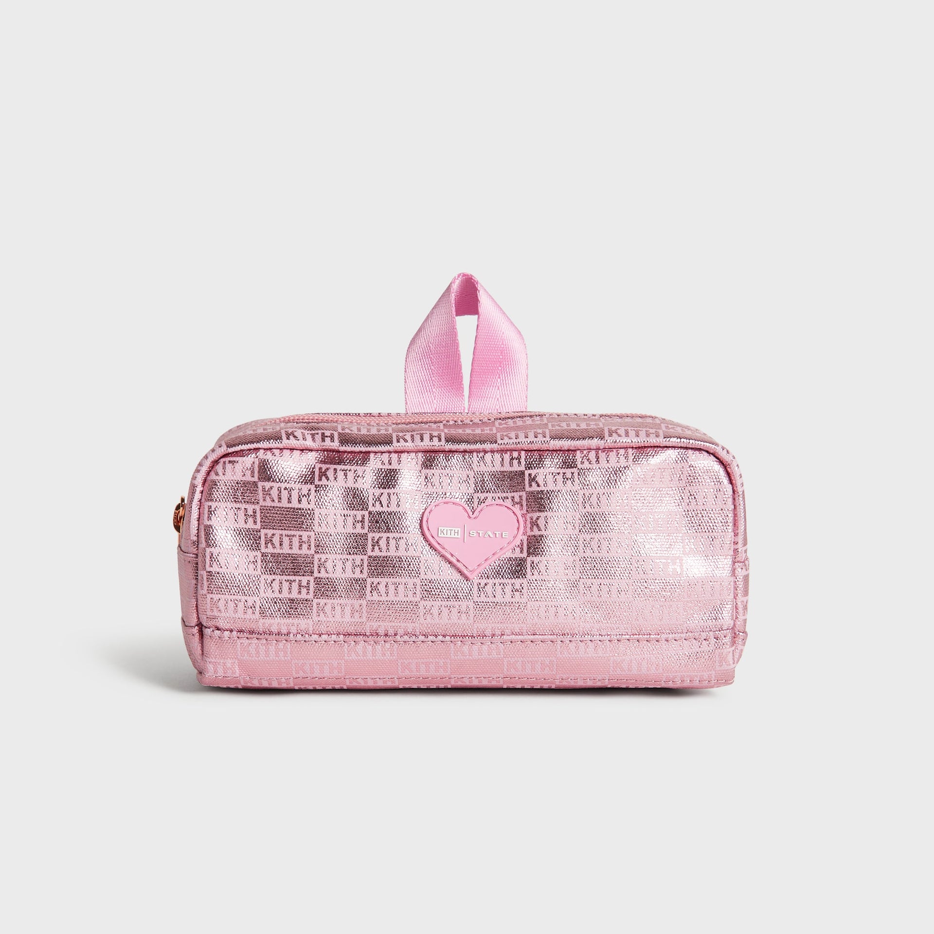 Kith Kids for STATE Clinton Pencil Case in Bloom, front view of metallic pink KITH monogram pouch with heart patch and top handle