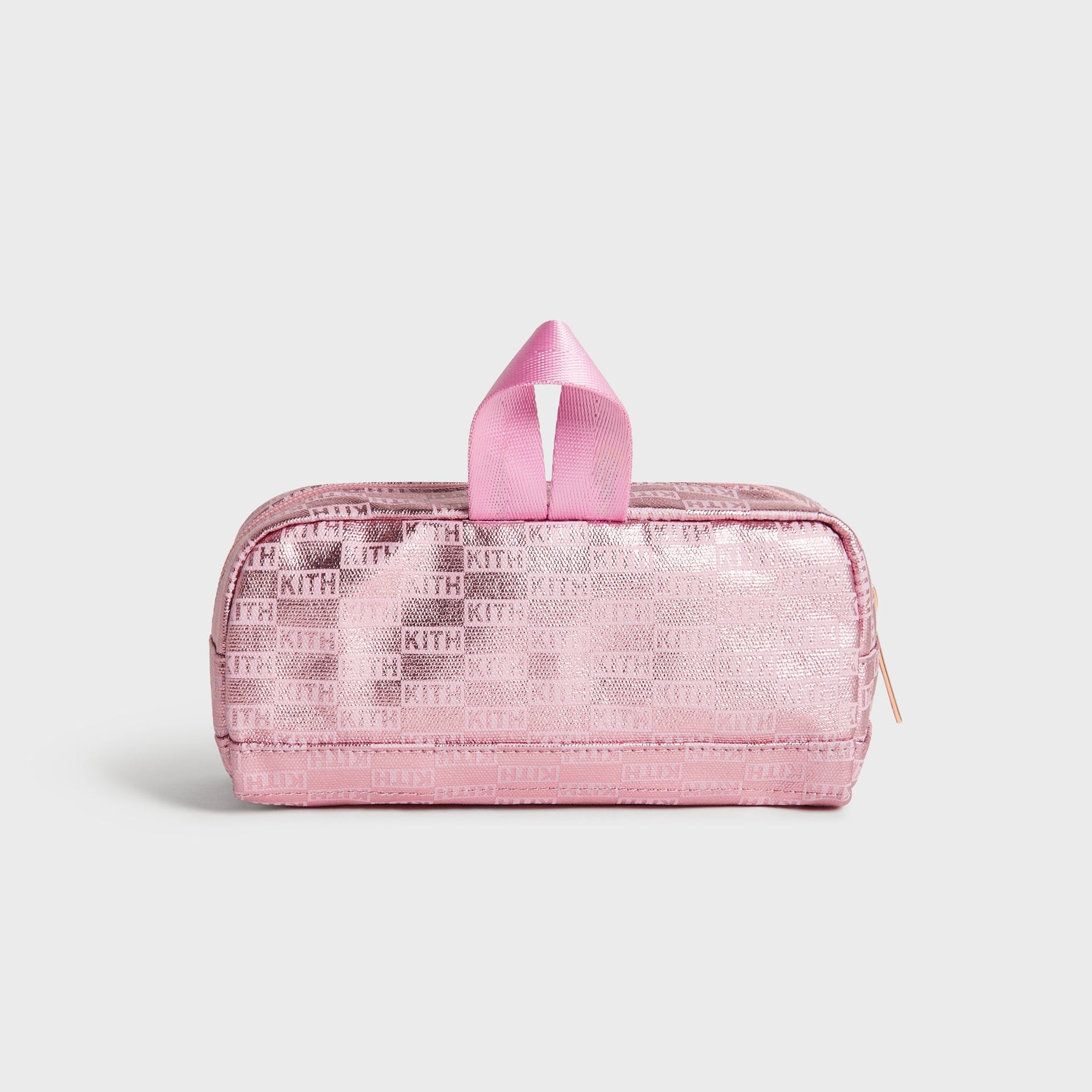 Kith Kids for STATE Clinton Pencil Case in Bloom, back view of metallic pink KITH monogram pouch with top handle