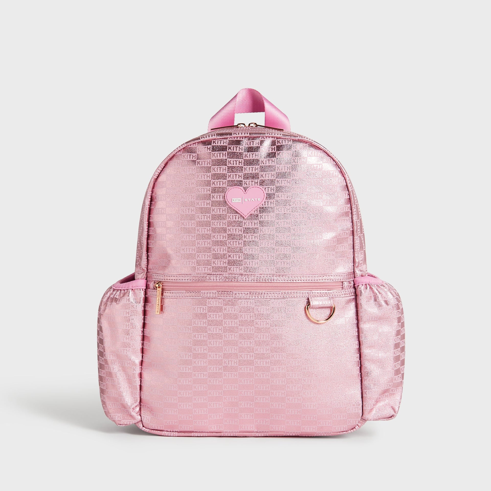 Kith Kids for STATE Kane Backpack in metallic pink KITH monogram, front view with heart patch