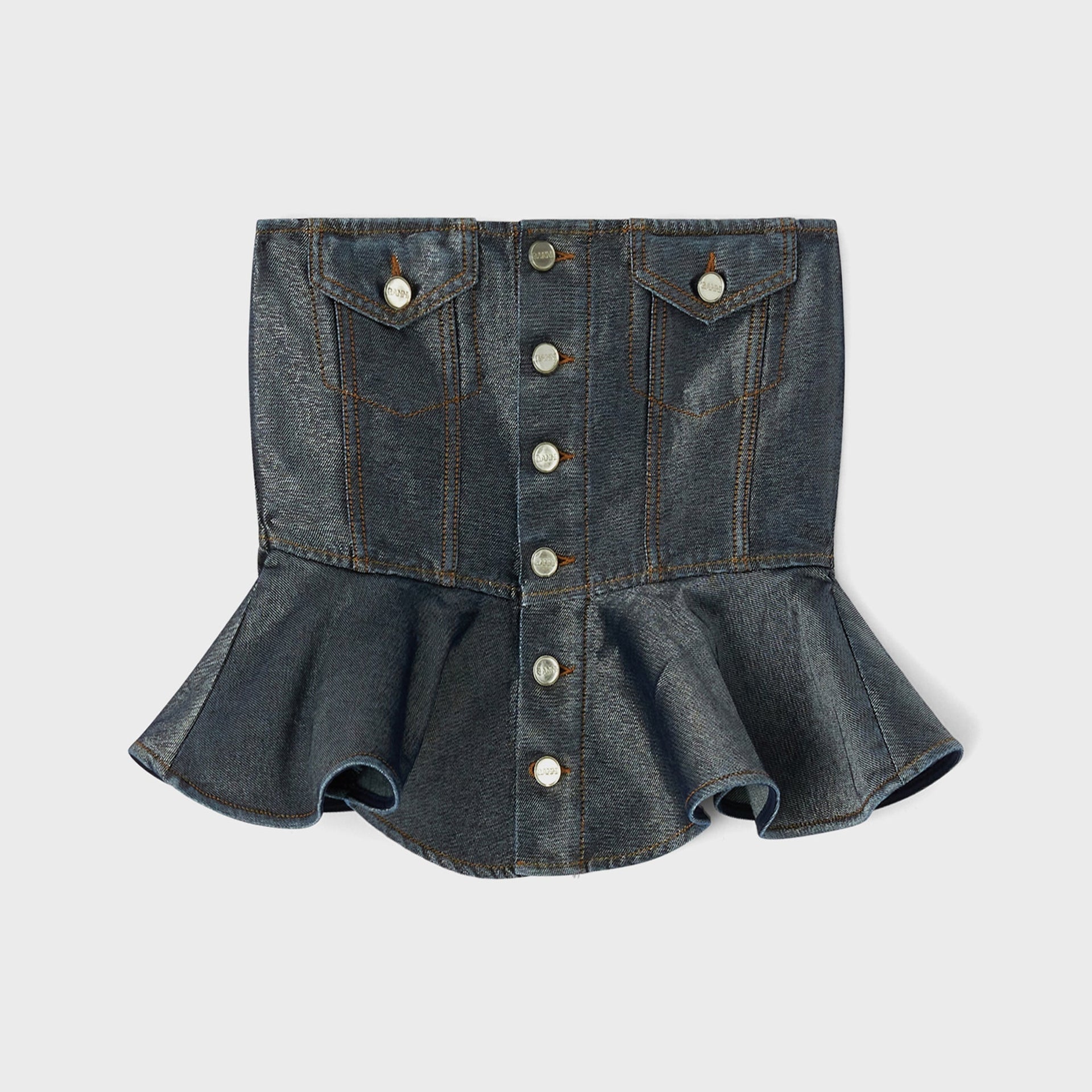 Ganni Shimmery Foil Denim Corsage Top - Washed Black
